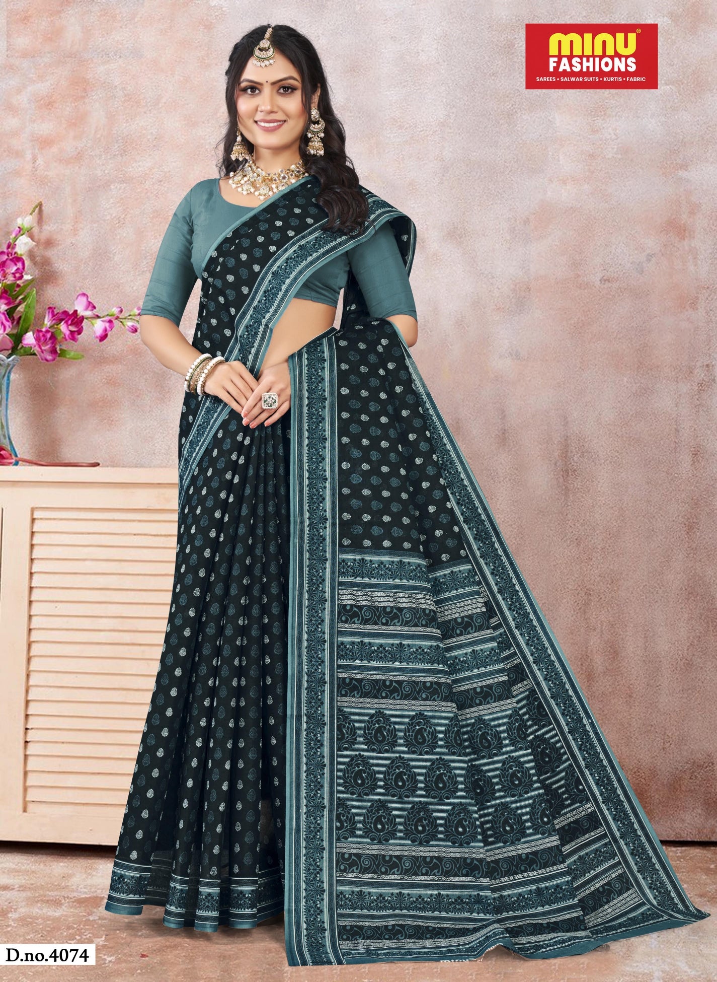 Monika V-1 Cotton Printed Saree Black