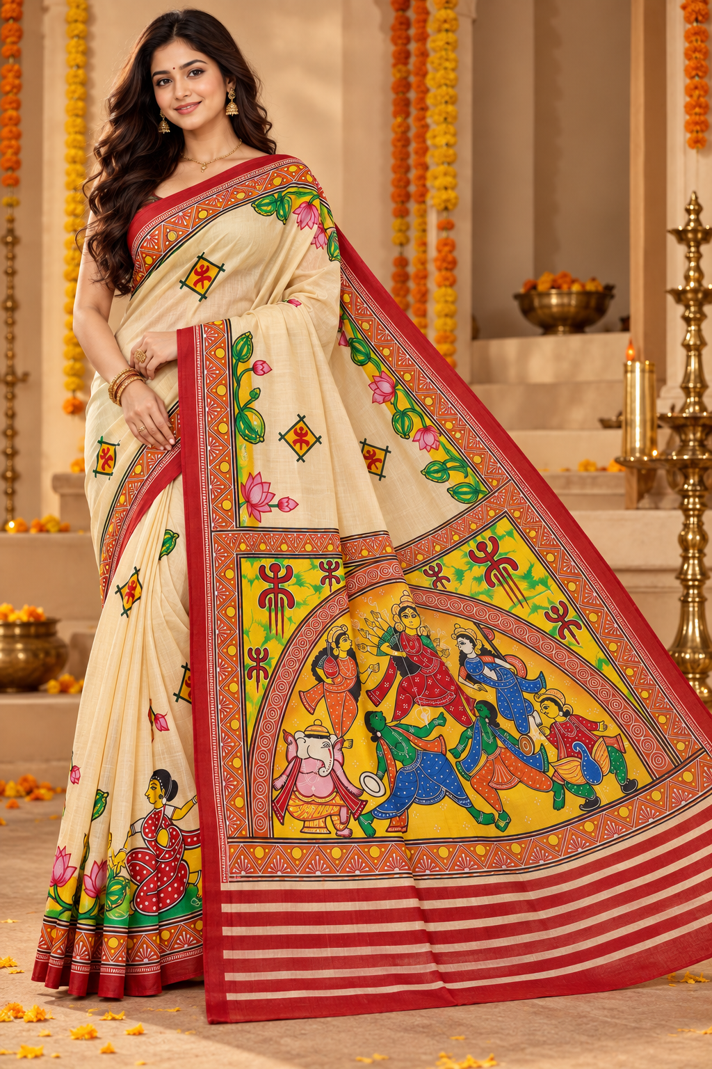 Minu | Puja Special Women Multicolor Printed Saree with Traditional Floral Border & Festive Pallu