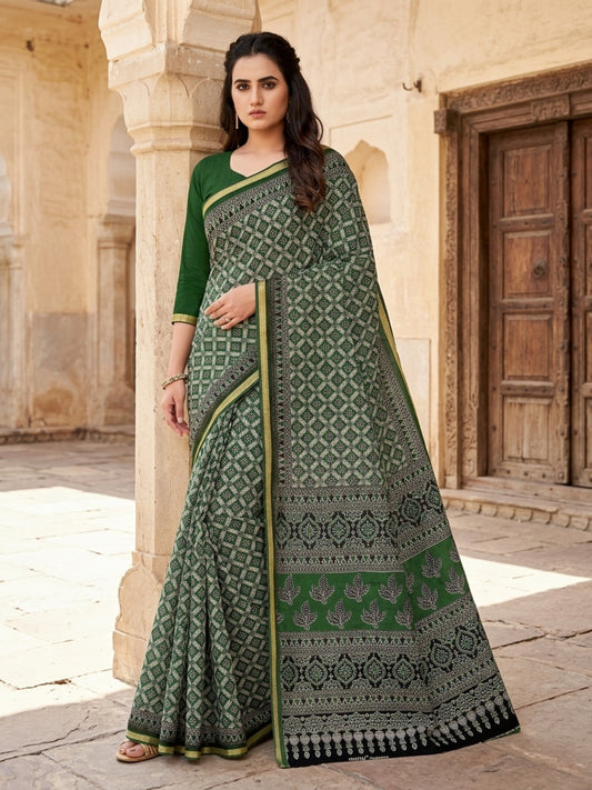 Minu Fashions Kanishka Green Pure Cotton Ajrakh Printed Saree with Gold Zari Border
