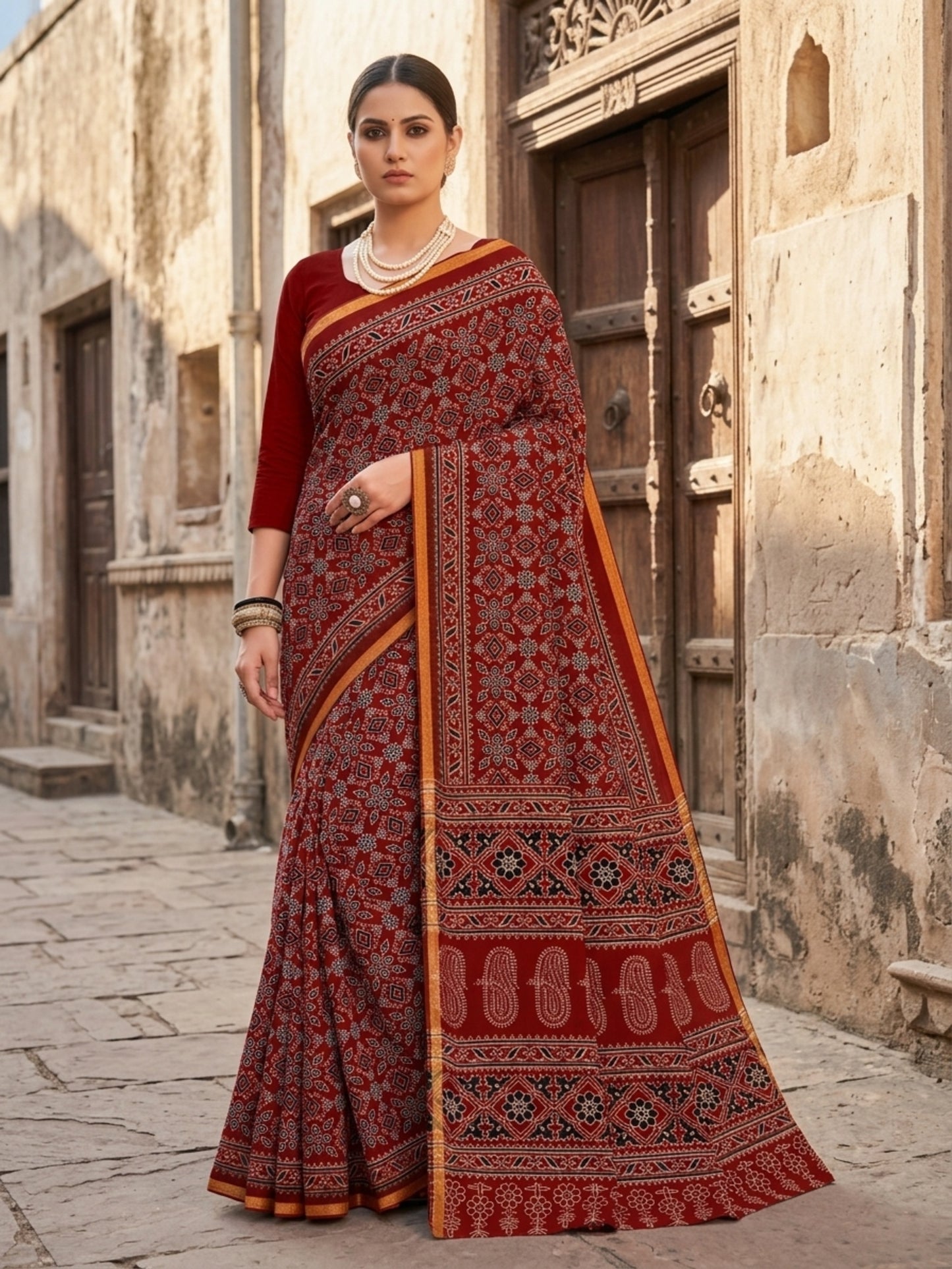 Minu Fashions Kanishka Maroon Pure Cotton Ajrakh Printed Saree with Gold Zari Border