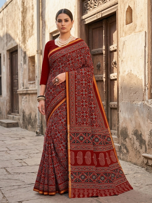Minu Fashions Kanishka Maroon Pure Cotton Ajrakh Printed Saree with Gold Zari Border