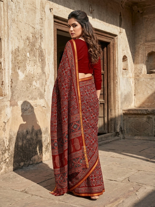 Minu Fashions Kanishka Maroon Pure Cotton Ajrakh Printed Saree with Gold Zari Border