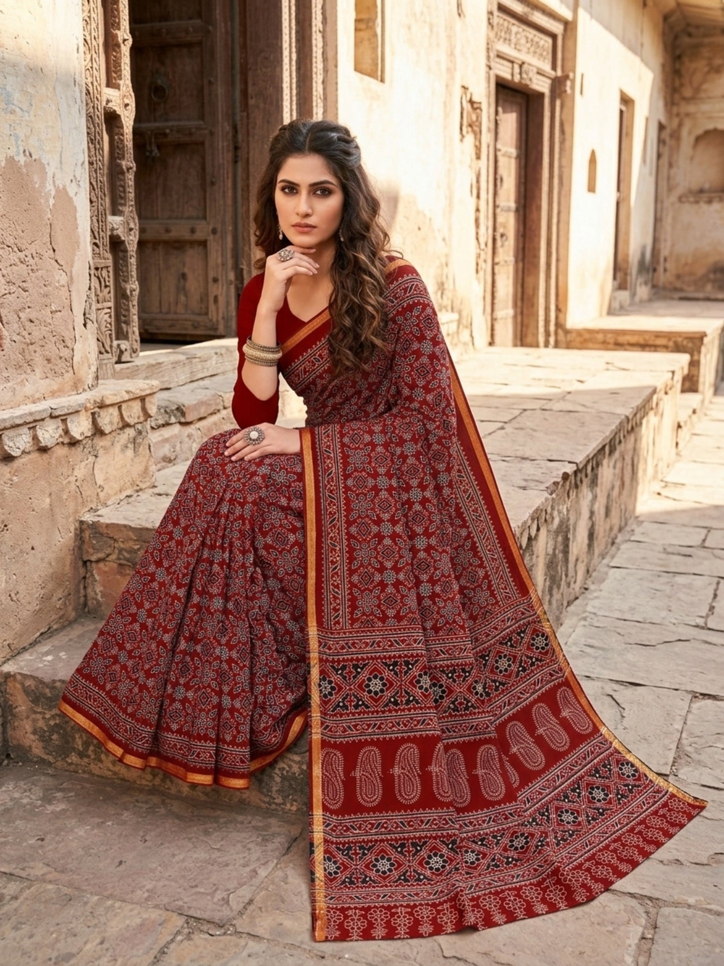 Minu Fashions Kanishka Maroon Pure Cotton Ajrakh Printed Saree with Gold Zari Border