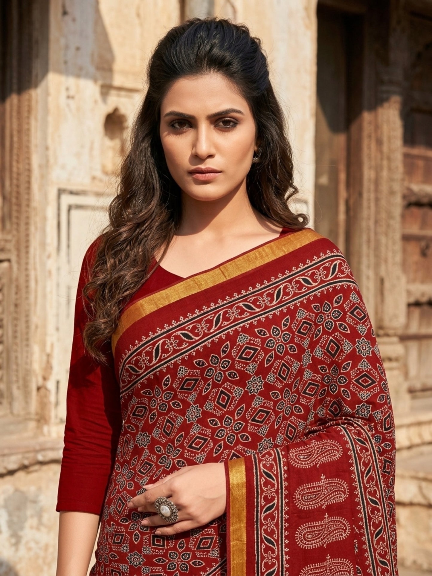 Minu Fashions Kanishka Maroon Pure Cotton Ajrakh Printed Saree with Gold Zari Border
