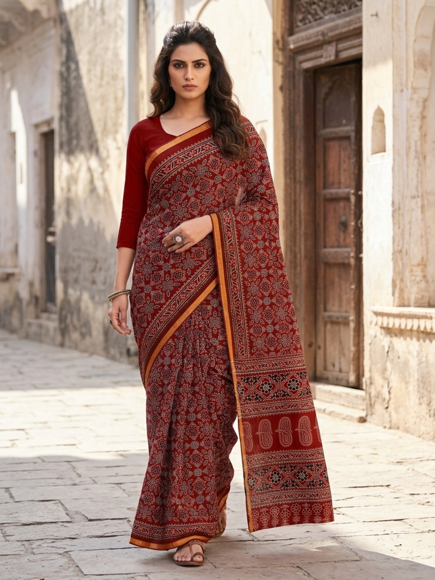 Minu Fashions Kanishka Maroon Pure Cotton Ajrakh Printed Saree with Gold Zari Border