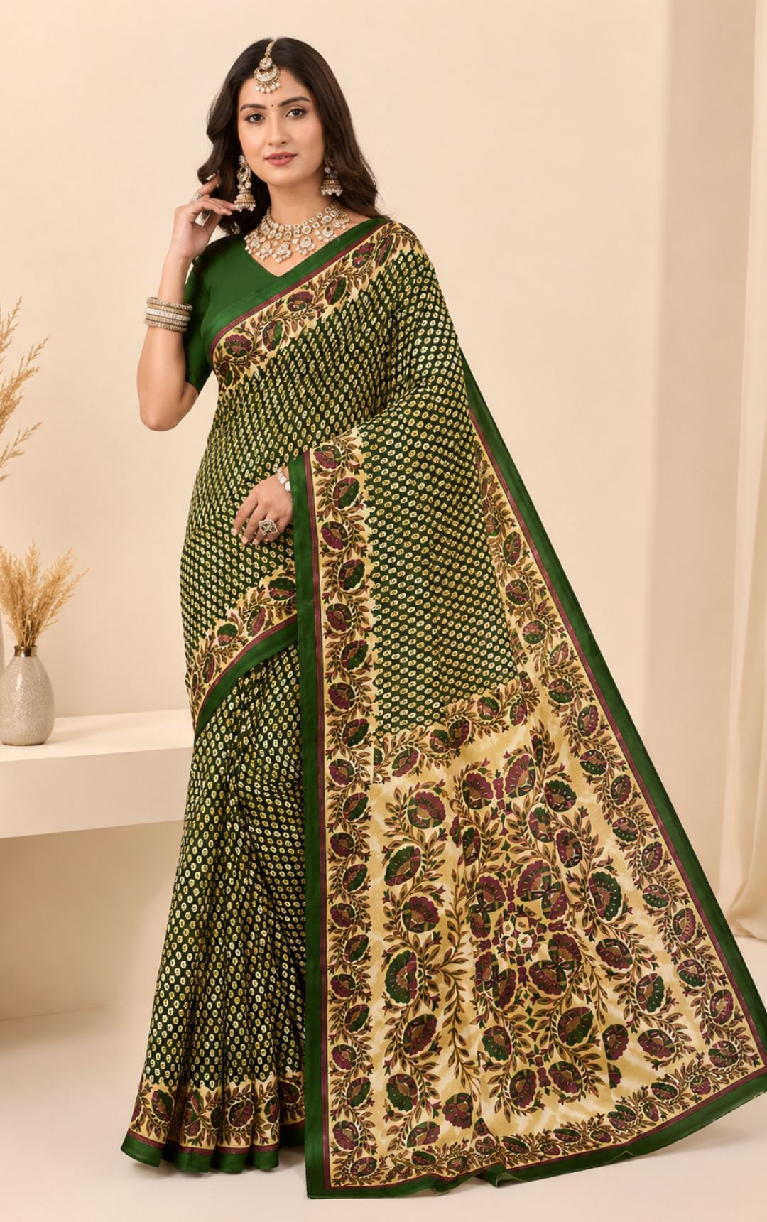 Priyatama Green Bandhani Print Saree With Floral Kalamkari Border