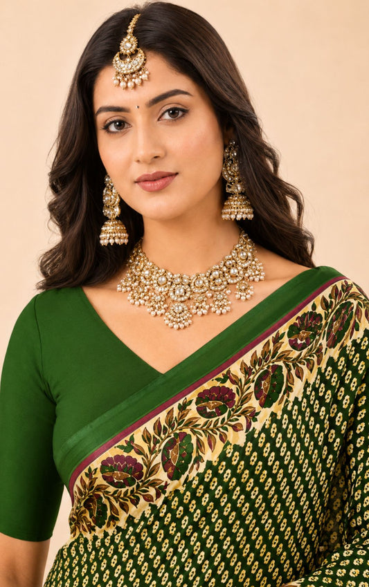 Priyatama Green Bandhani Print Saree With Floral Kalamkari Border