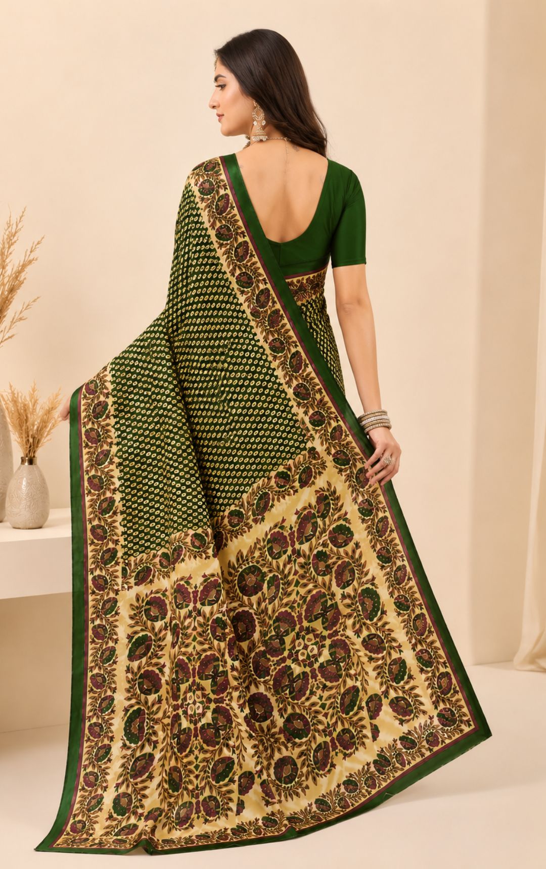 Priyatama Green Bandhani Print Saree With Floral Kalamkari Border