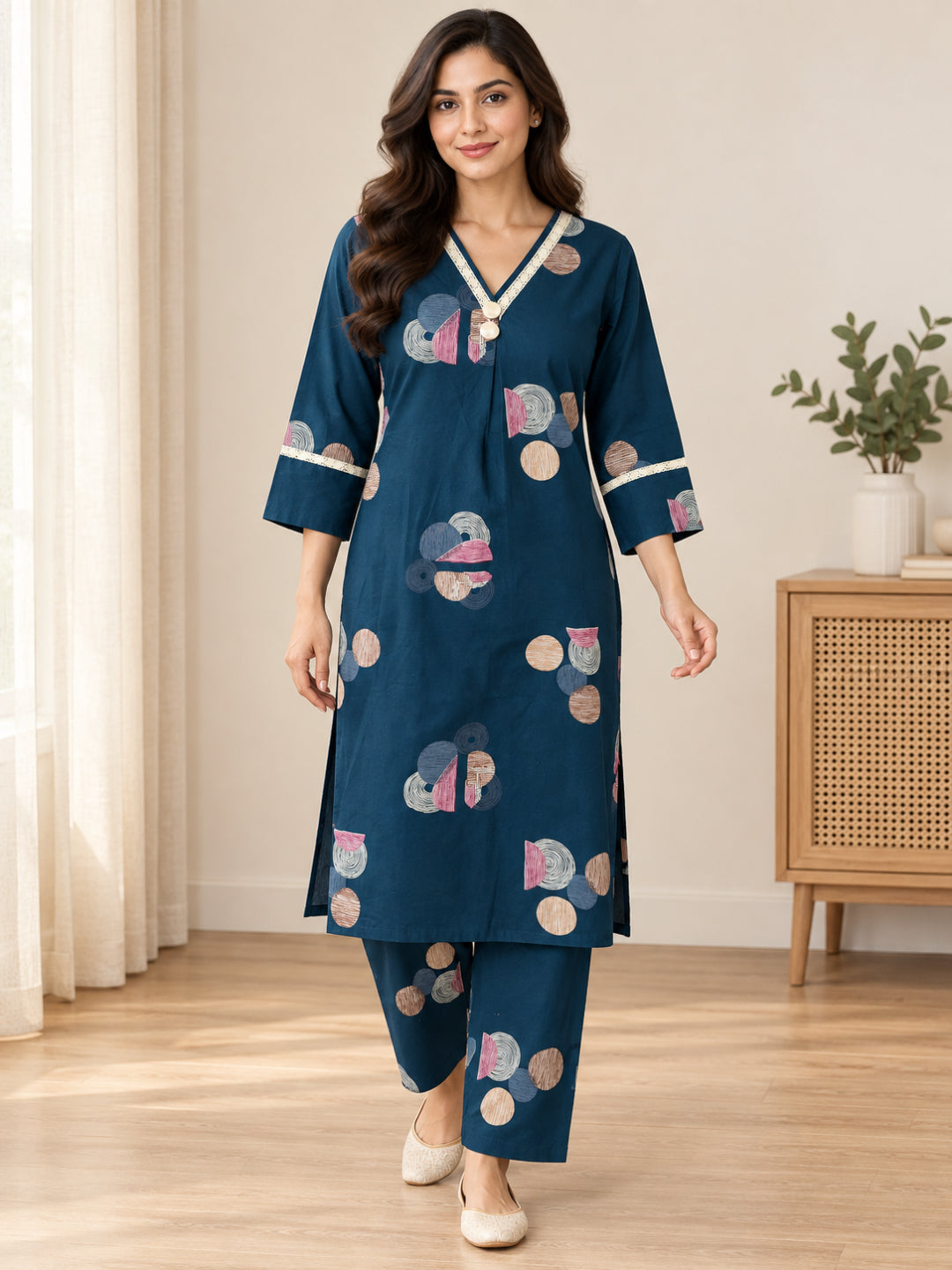 Anouk Luna Navy Blue Pure Cotton Digital Print Co-Ord Set for Women | V Neck Lace Work Straight Fit Top with Elasticated Waist Trouser