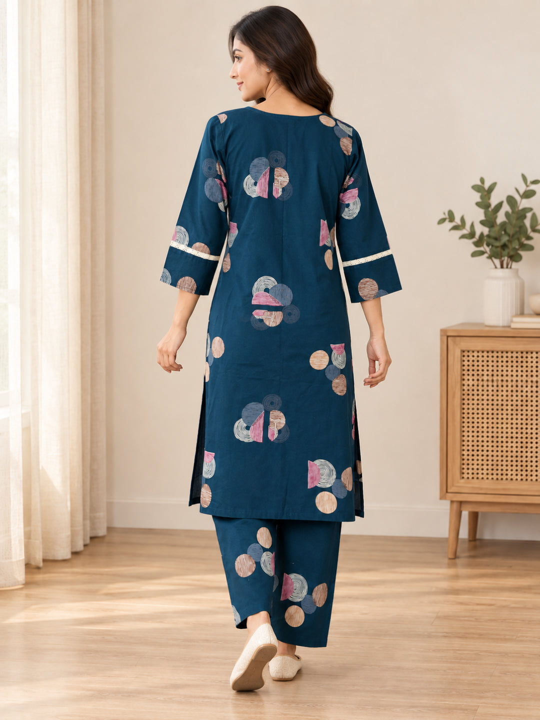 Anouk Luna Navy Blue Pure Cotton Digital Print Co-Ord Set for Women | V Neck Lace Work Straight Fit Top with Elasticated Waist Trouser