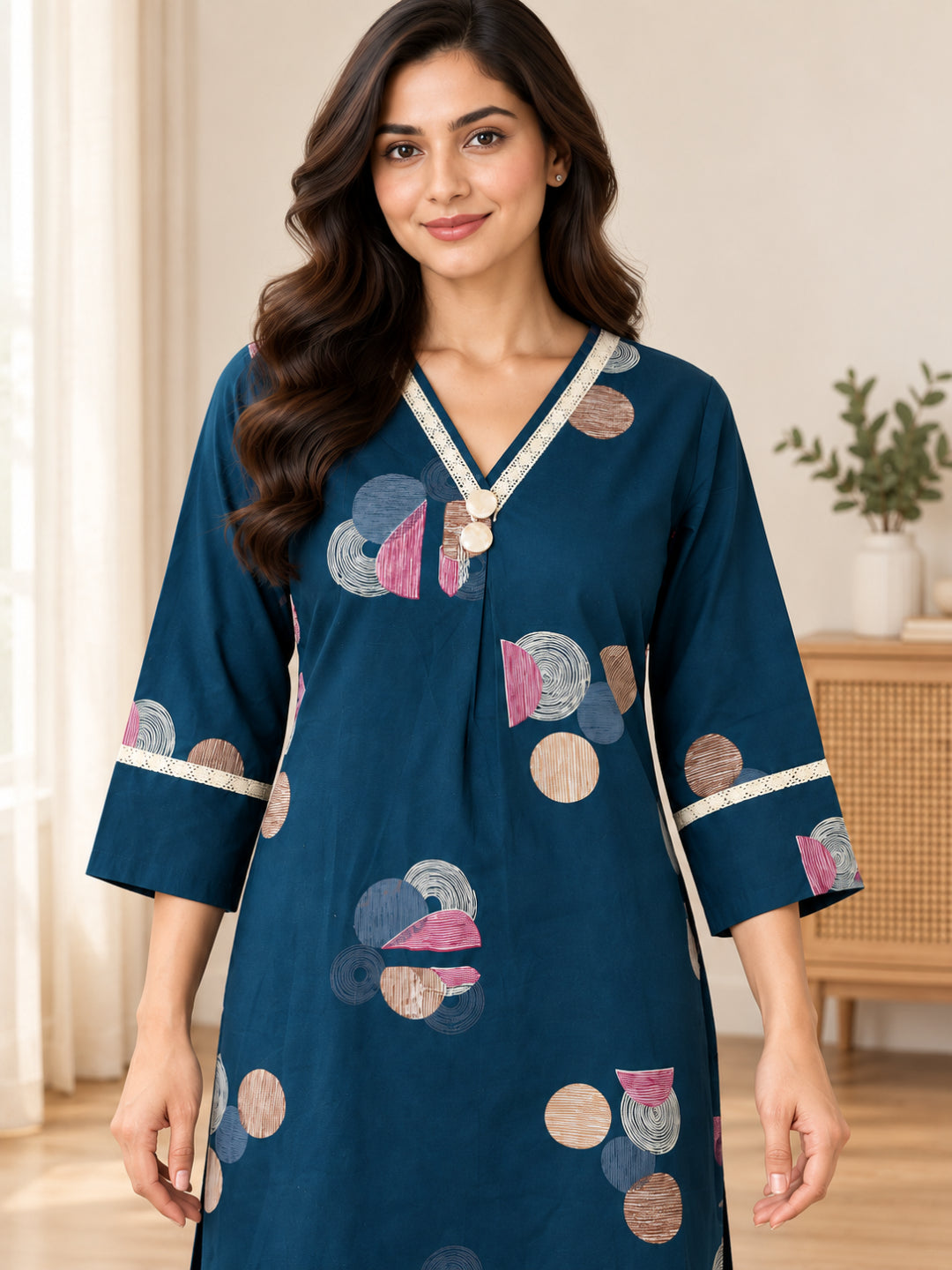 Anouk Luna Navy Blue Pure Cotton Digital Print Co-Ord Set for Women | V Neck Lace Work Straight Fit Top with Elasticated Waist Trouser