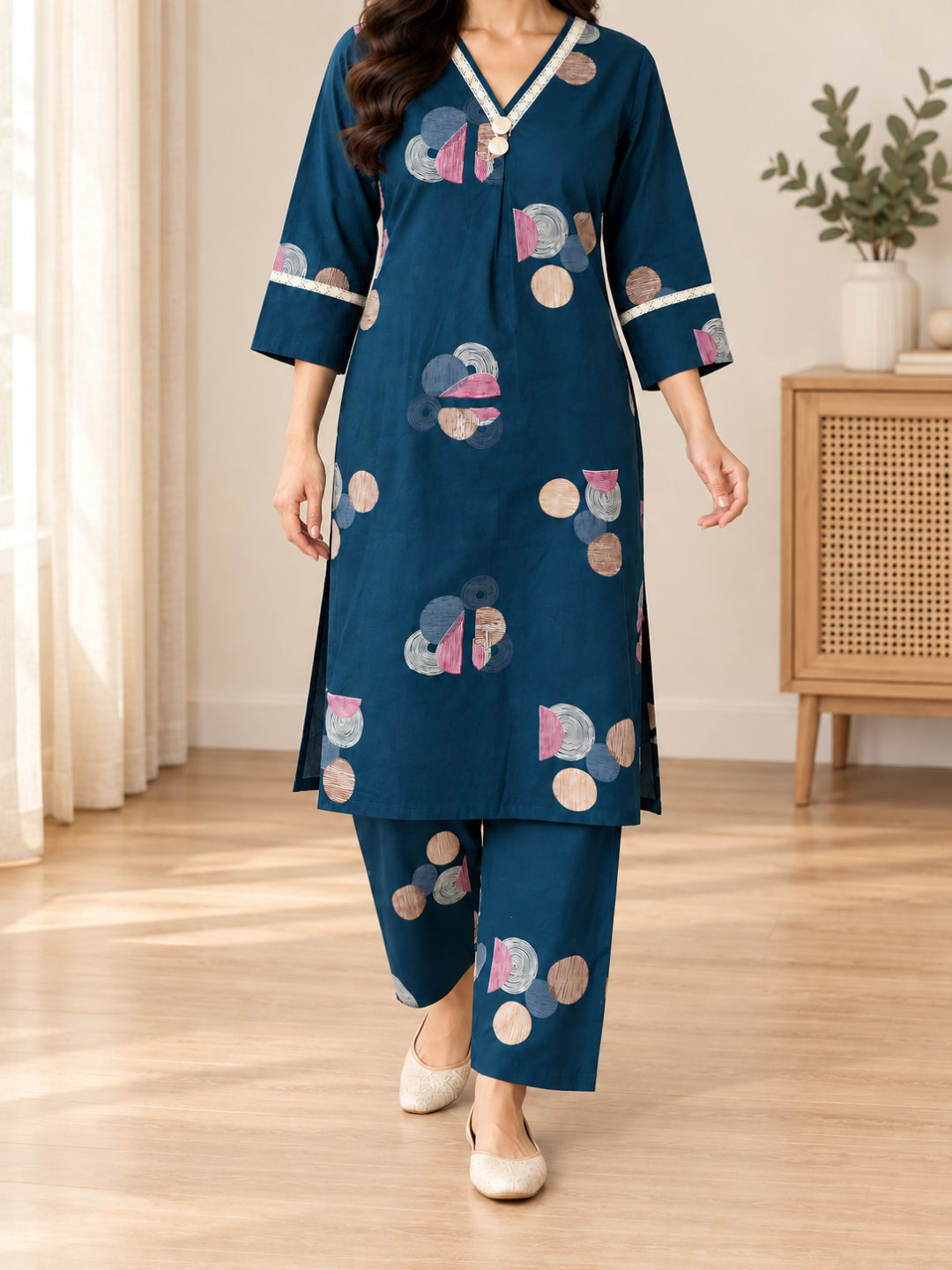 Anouk Luna Navy Blue Pure Cotton Digital Print Co-Ord Set for Women | V Neck Lace Work Straight Fit Top with Elasticated Waist Trouser