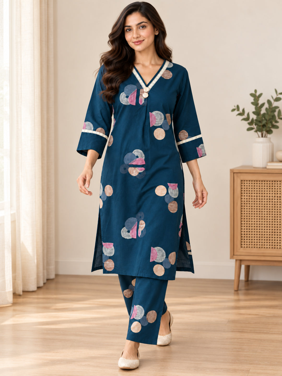Anouk Luna Navy Blue Pure Cotton Digital Print Co-Ord Set for Women | V Neck Lace Work Straight Fit Top with Elasticated Waist Trouser
