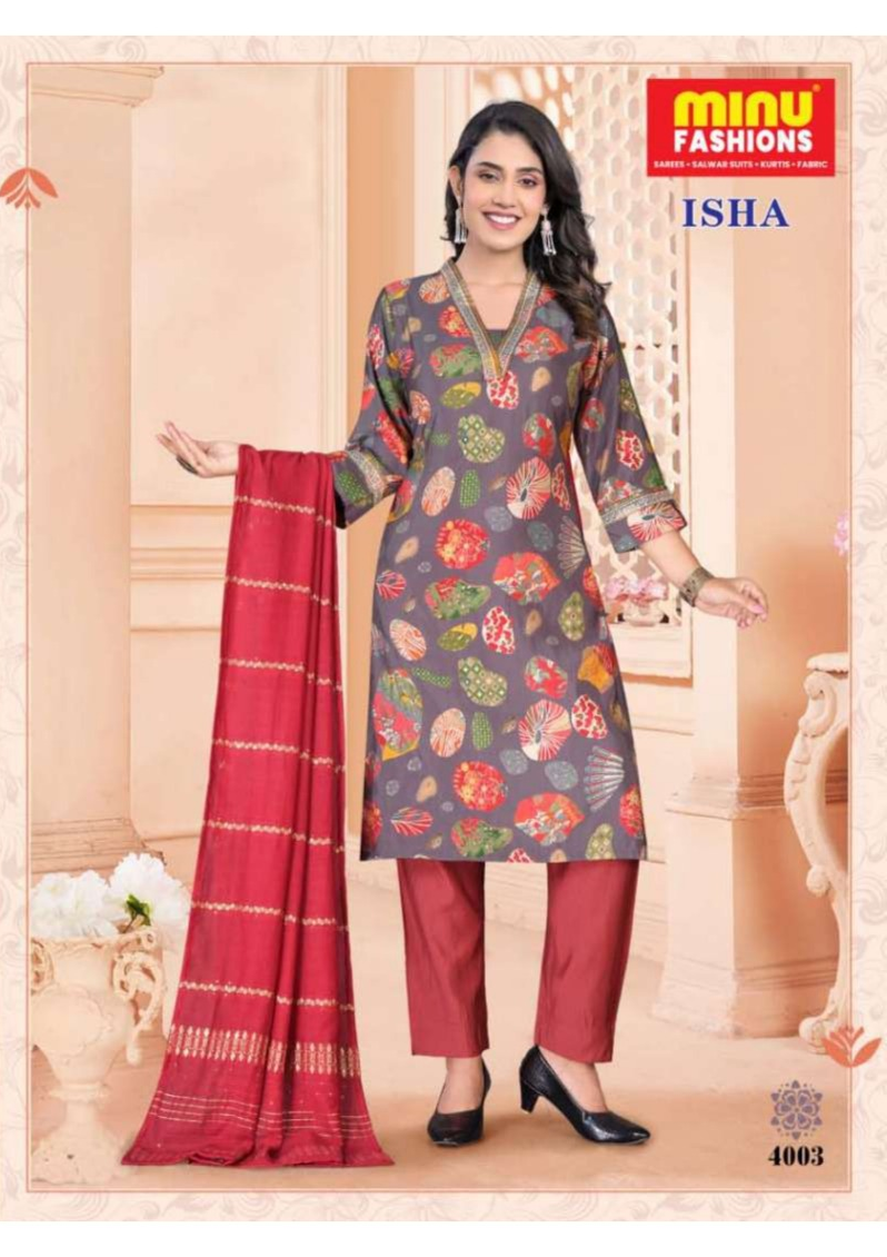 Premium Chanderi Gold Foil Print Embroidered Grey Isha Kurti