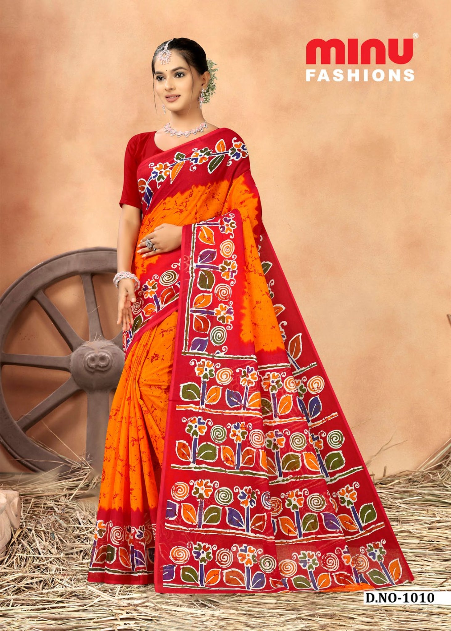Premium Cotton Bengal Beauty Batik Saree in Orange 1