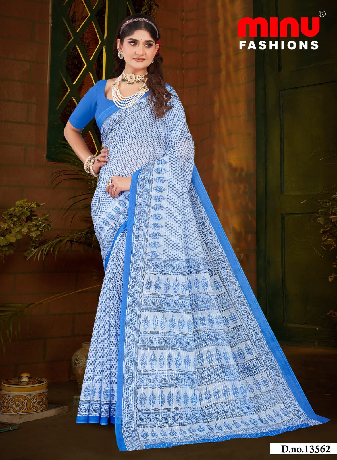 Premium Cotton Blue Nandini Booty Pestal Saree