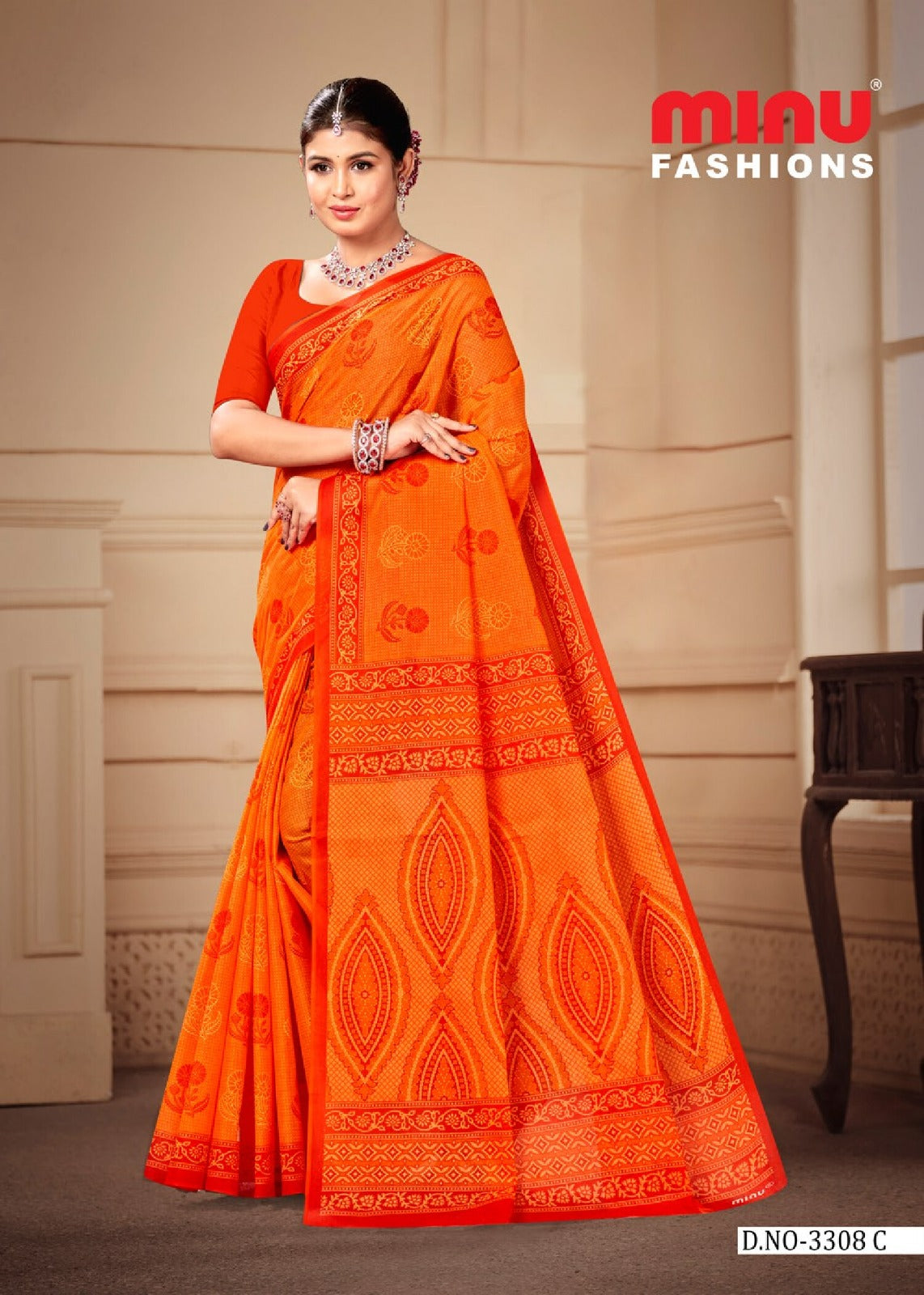 Premium Cotton First Look Saree in Orange