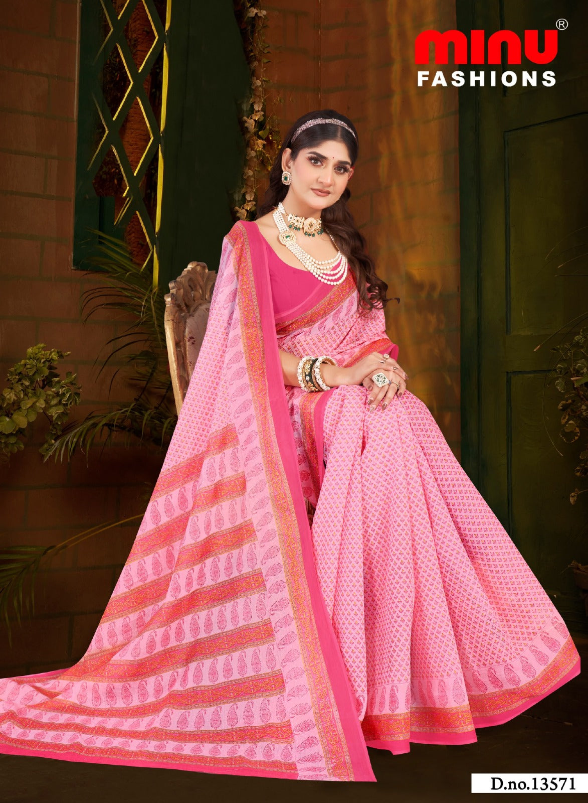 Premium Cotton Pink Nandini Booty Pestal Saree