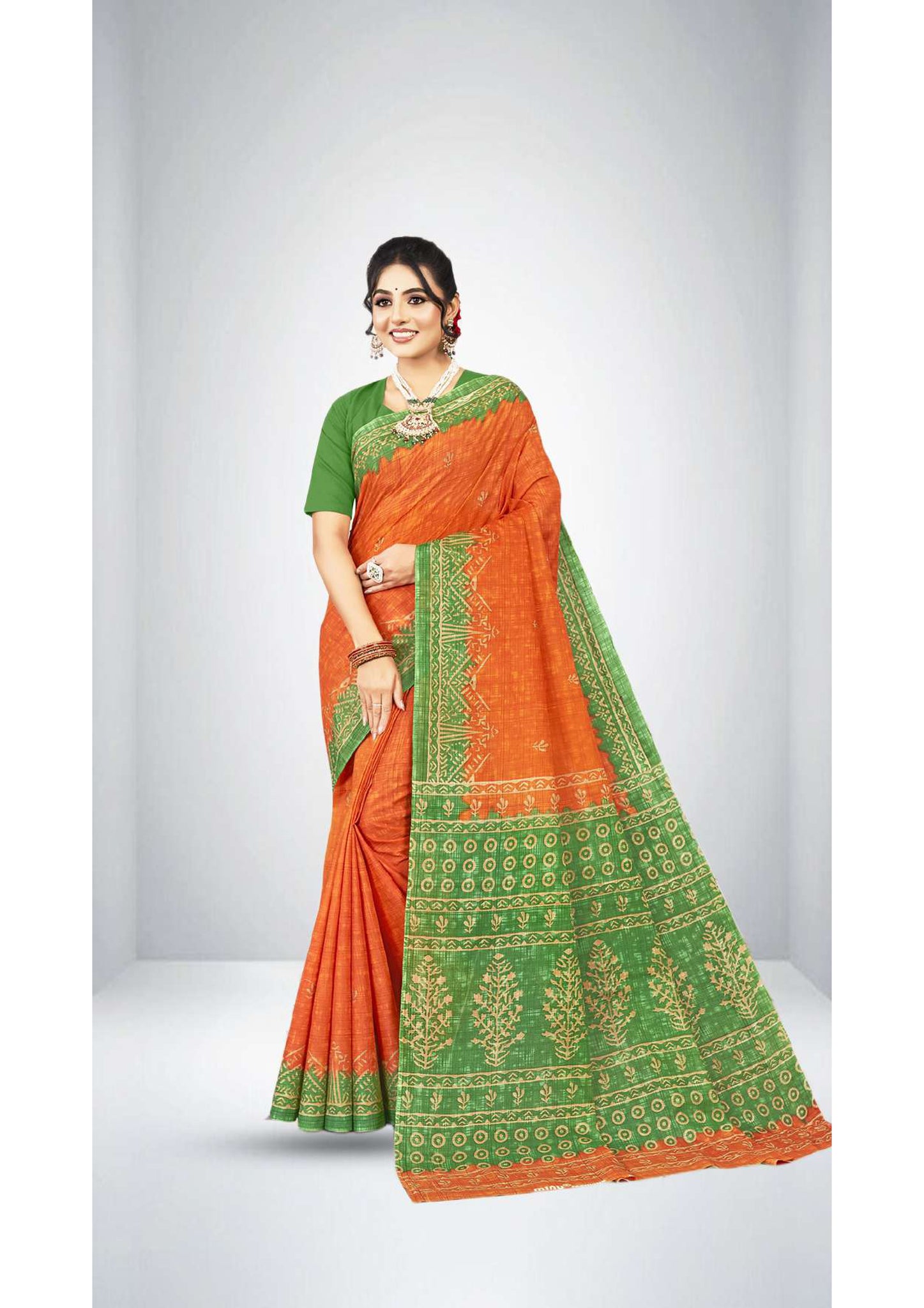 Premium Cotton Prativa Batik Saree in Orange