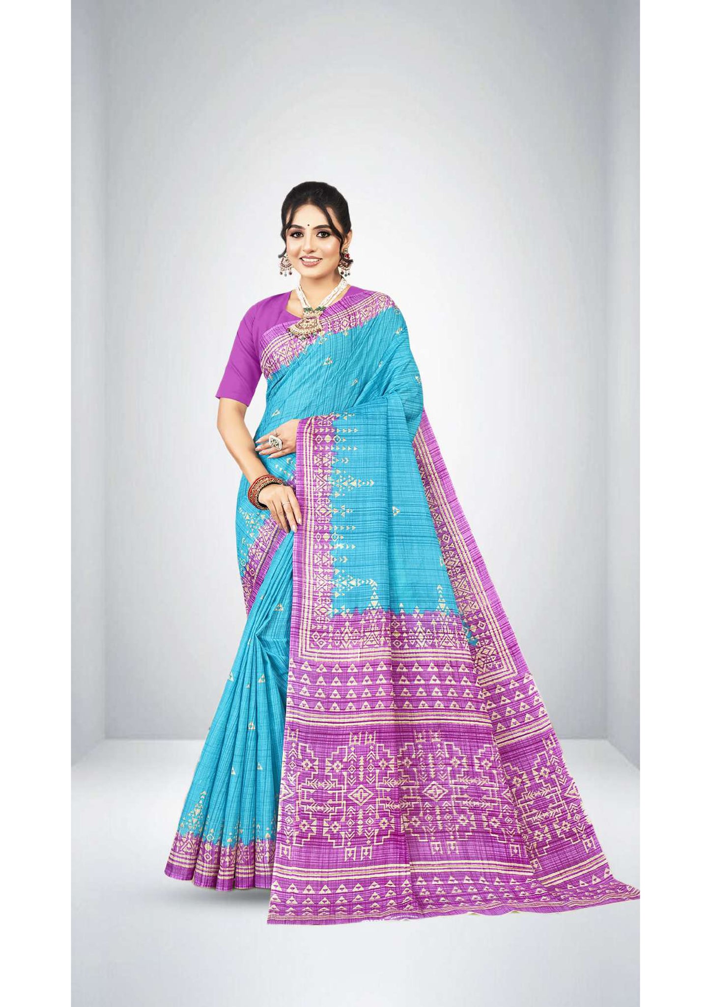 Premium Cotton Prativa Batik Saree in Sky Blue
