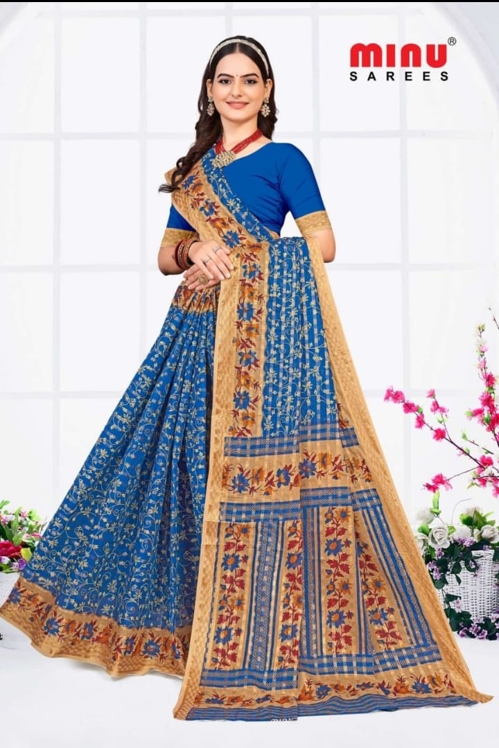 Premium Cotton Printed Gold Magic Saree in Blue