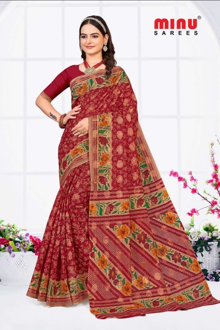 Premium Cotton Printed Gold Magic Saree in Coral Red