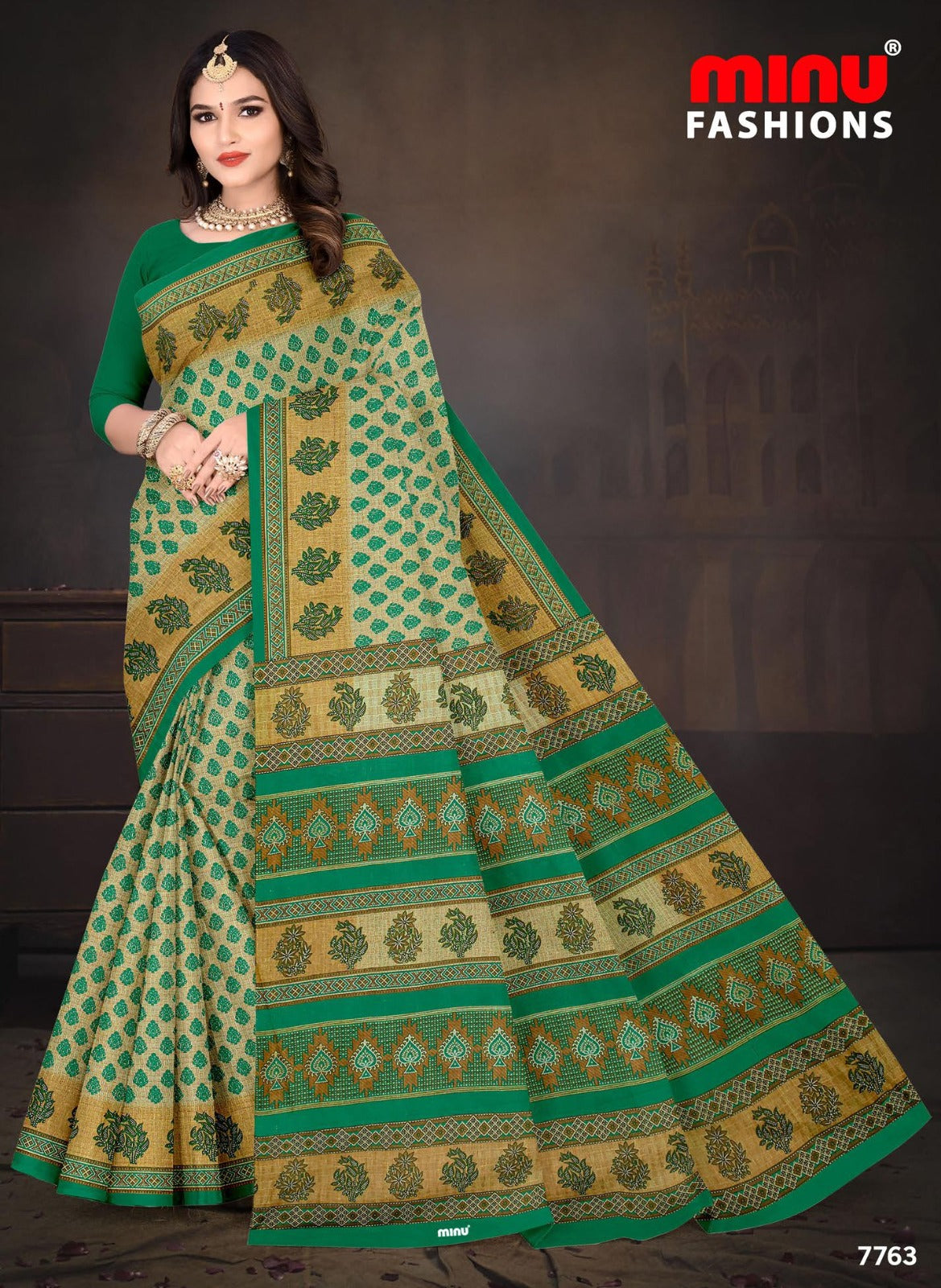 Malaika Cotton Printed Saree Green 7763