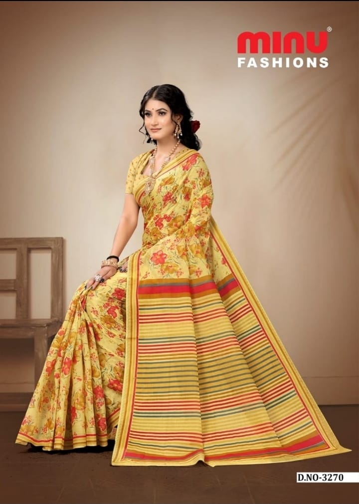 Premium Cotton Printed Jasmine Saree in Deep Yellow