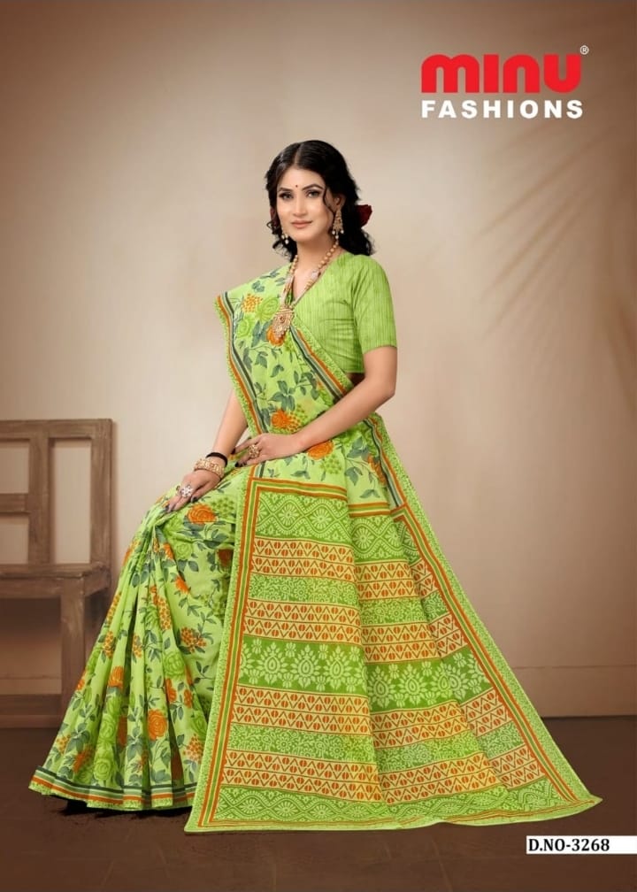 Premium Cotton Printed Jasmine Saree in Light Green