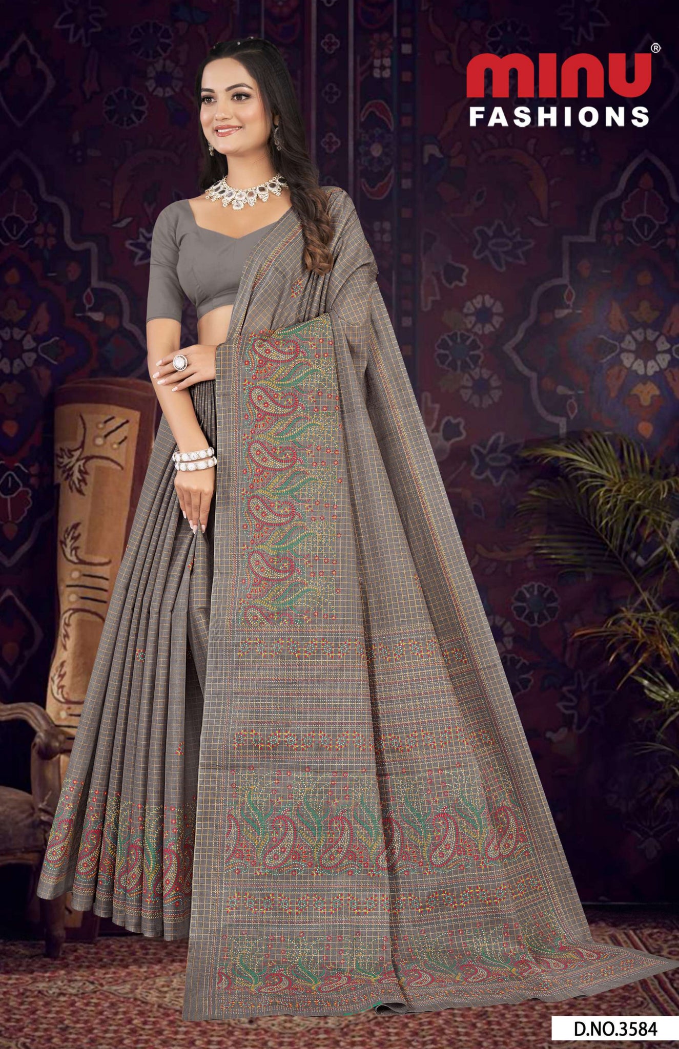 Premium Cotton Printed Mabesha Saree in Grey 1