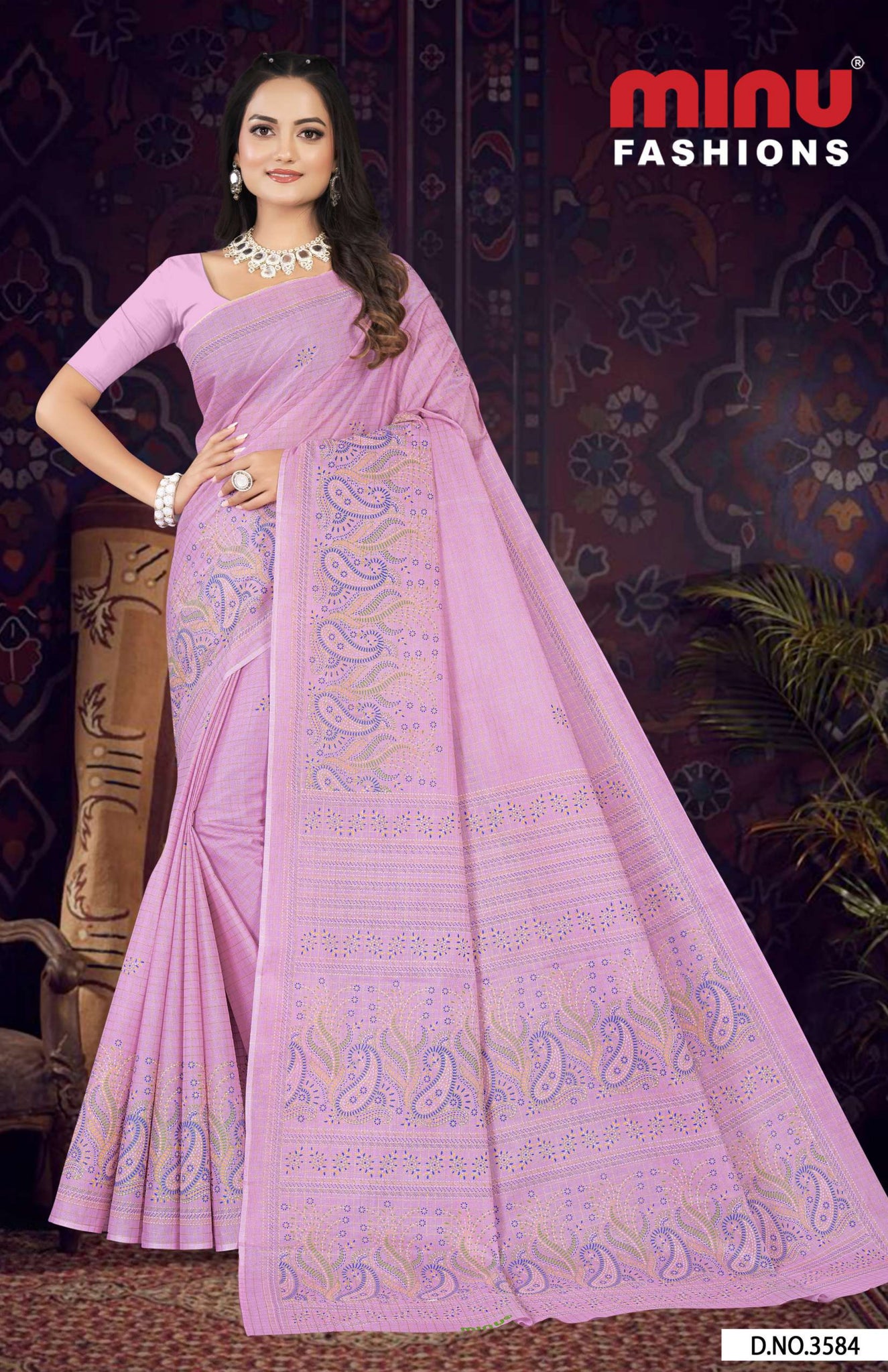 Premium Cotton Printed Mabesha Saree in Pink Purple 1