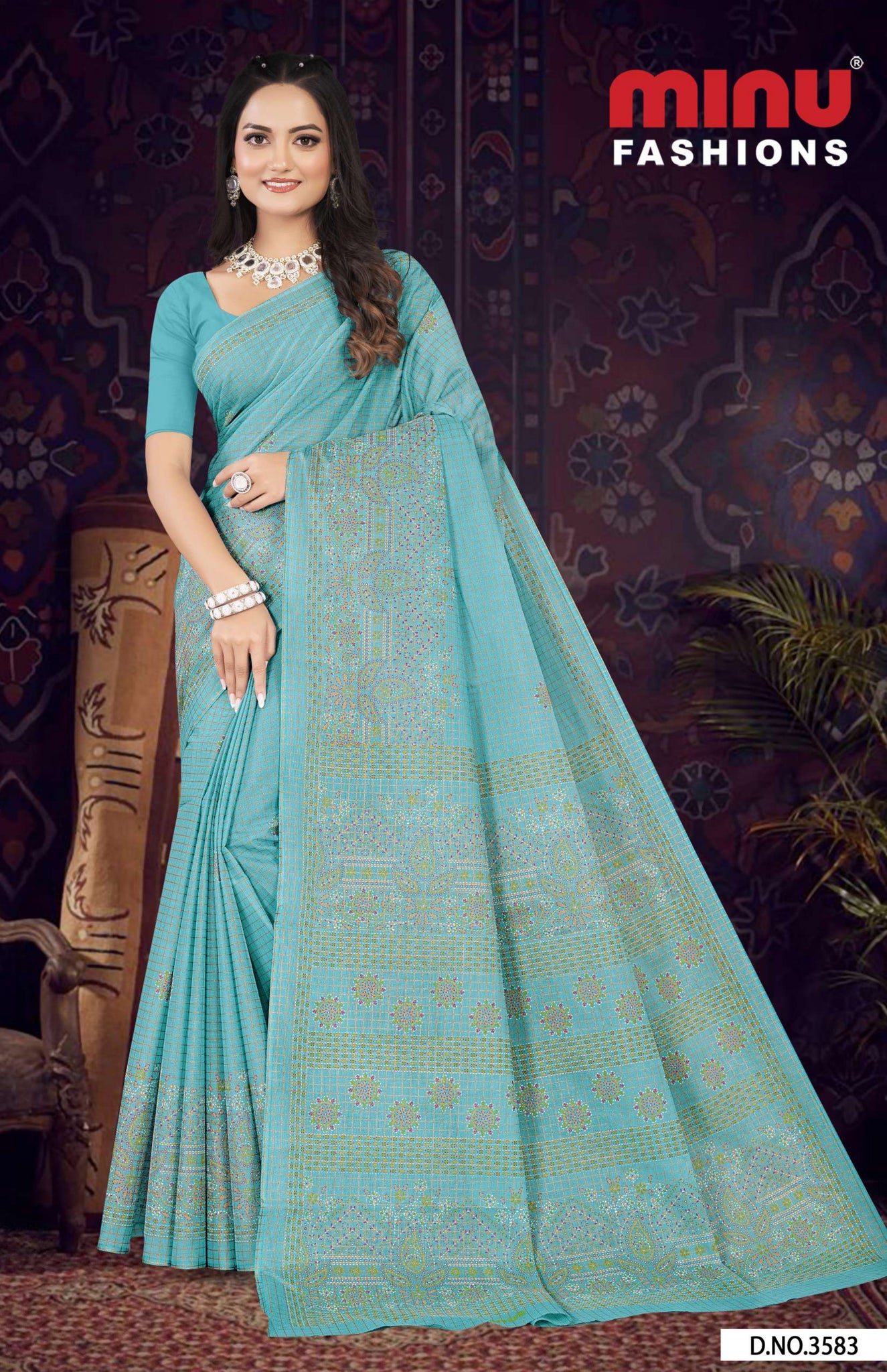 Premium Cotton Printed Mabesha Saree in Teal 1
