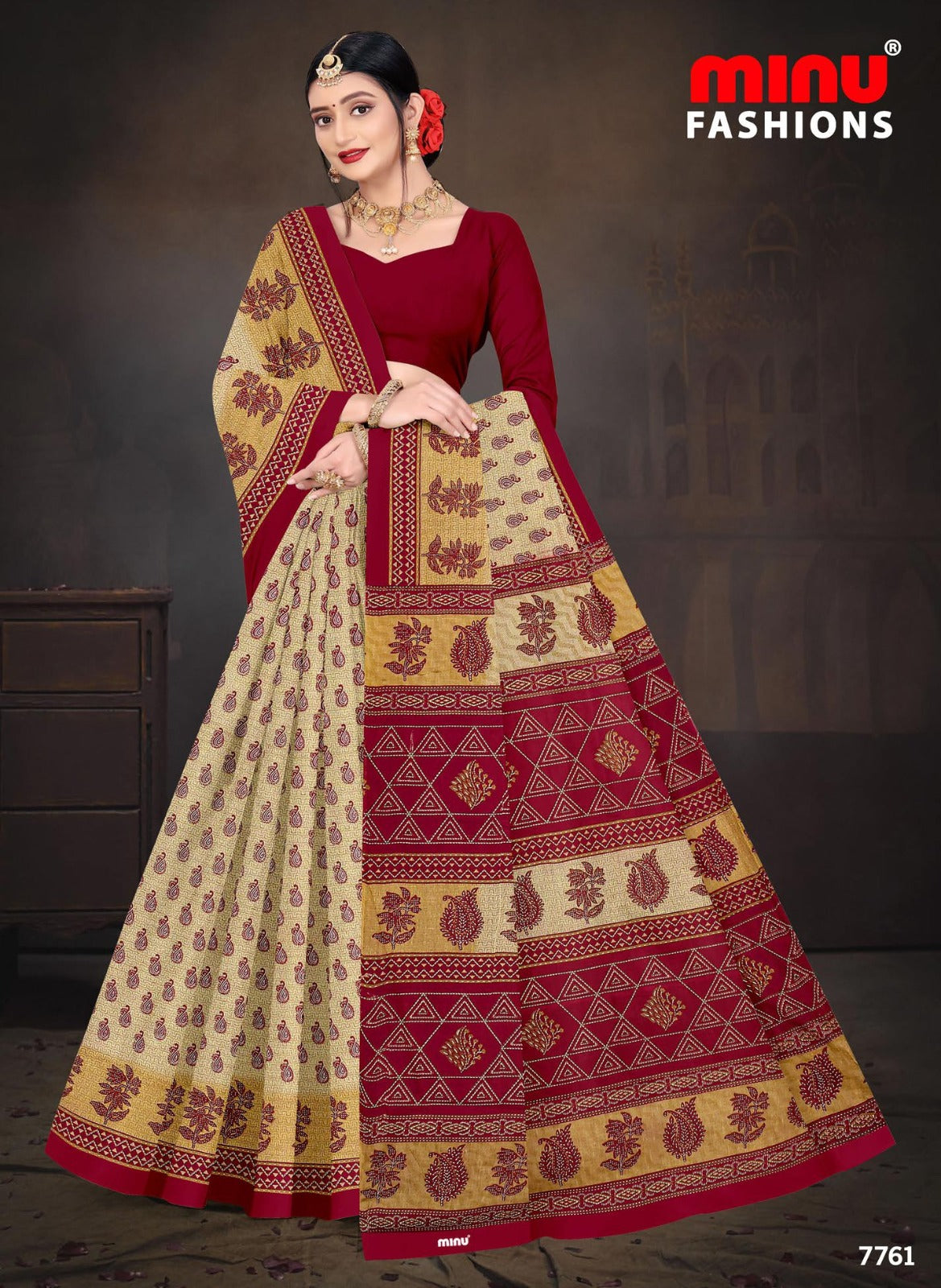Malaika Cotton Printed Saree Creme Red 7761