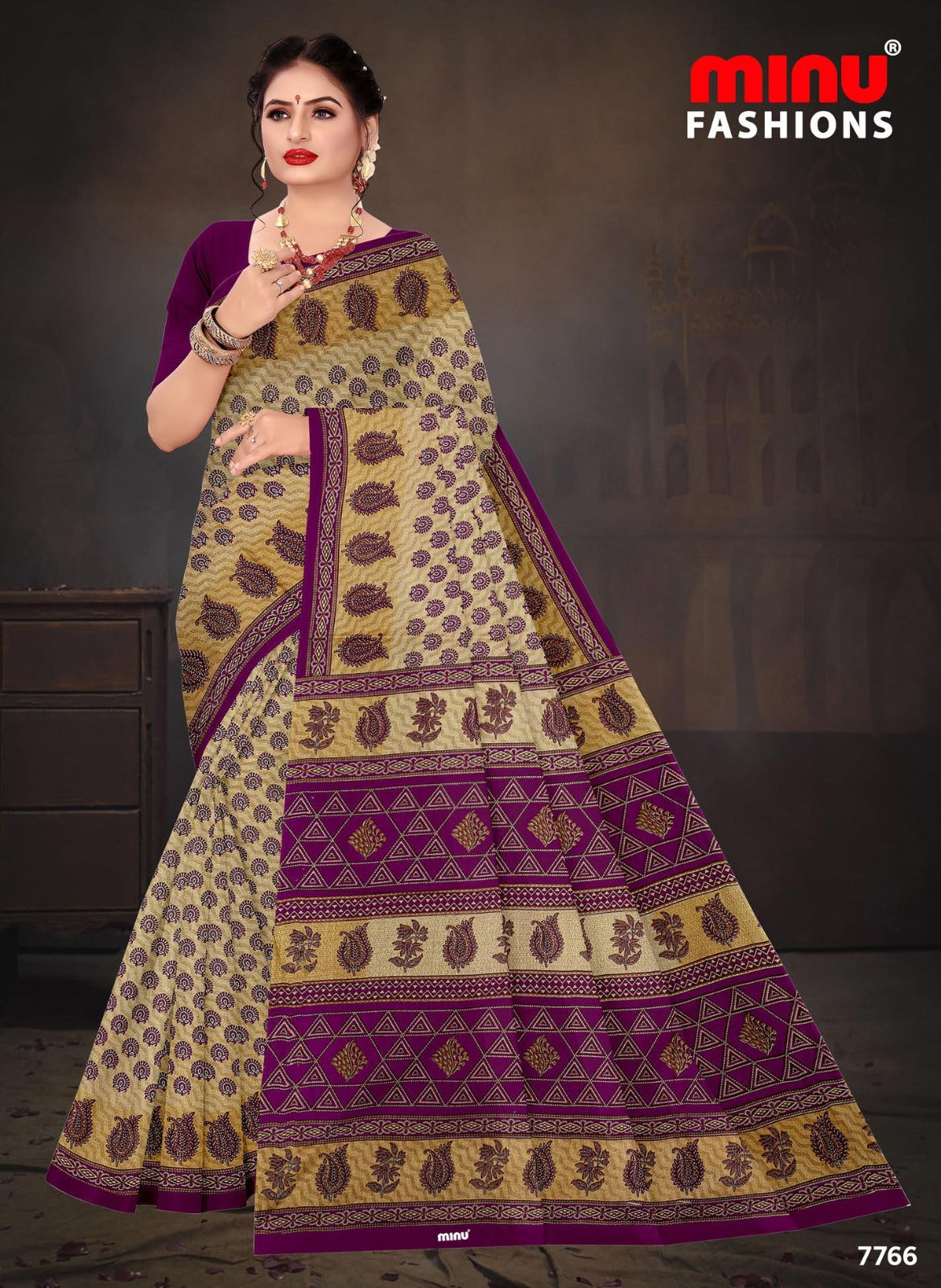 Malaika Cotton Printed Saree Purple 7766