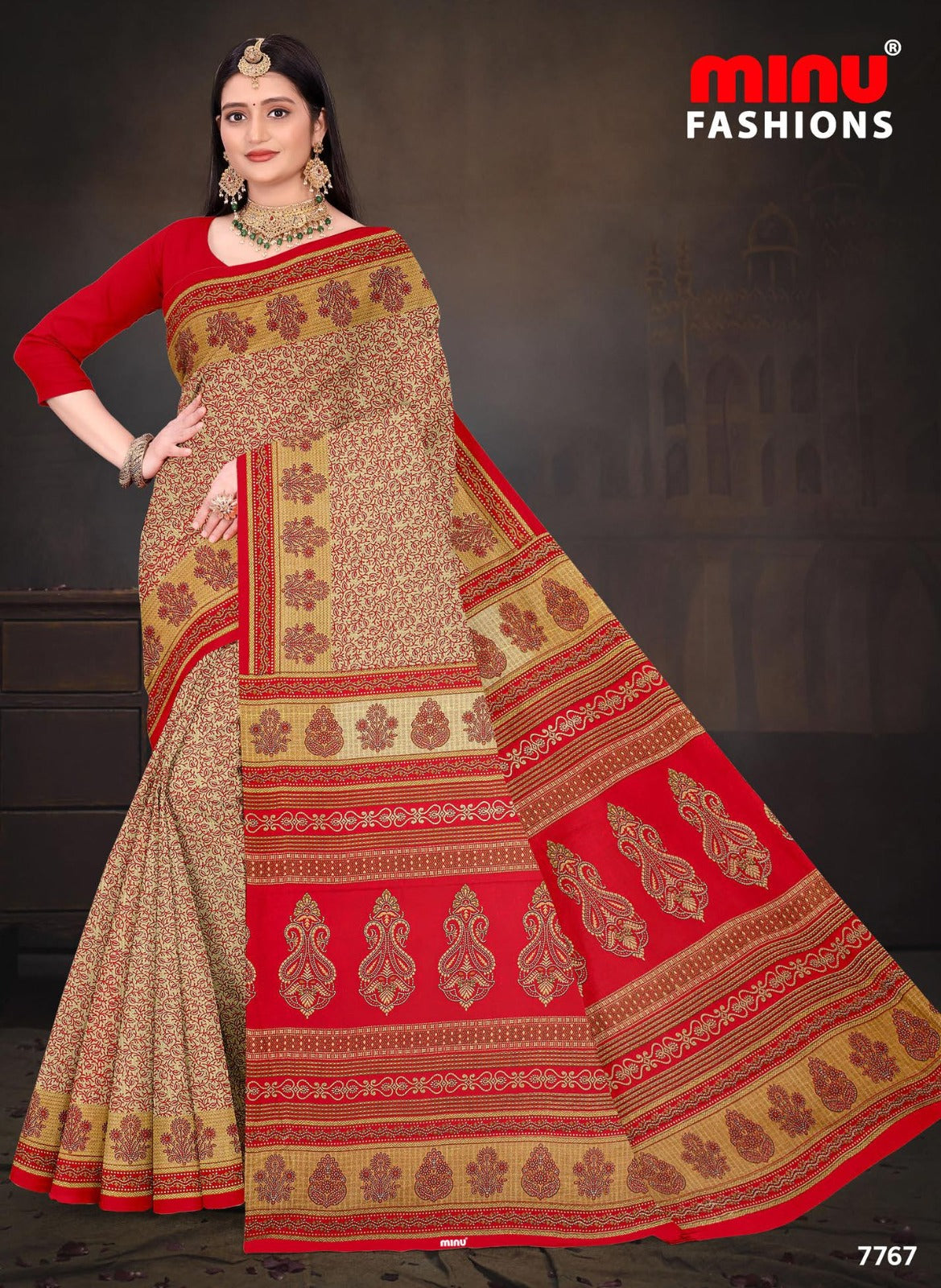 Malaika Cotton Printed Saree Red 7767