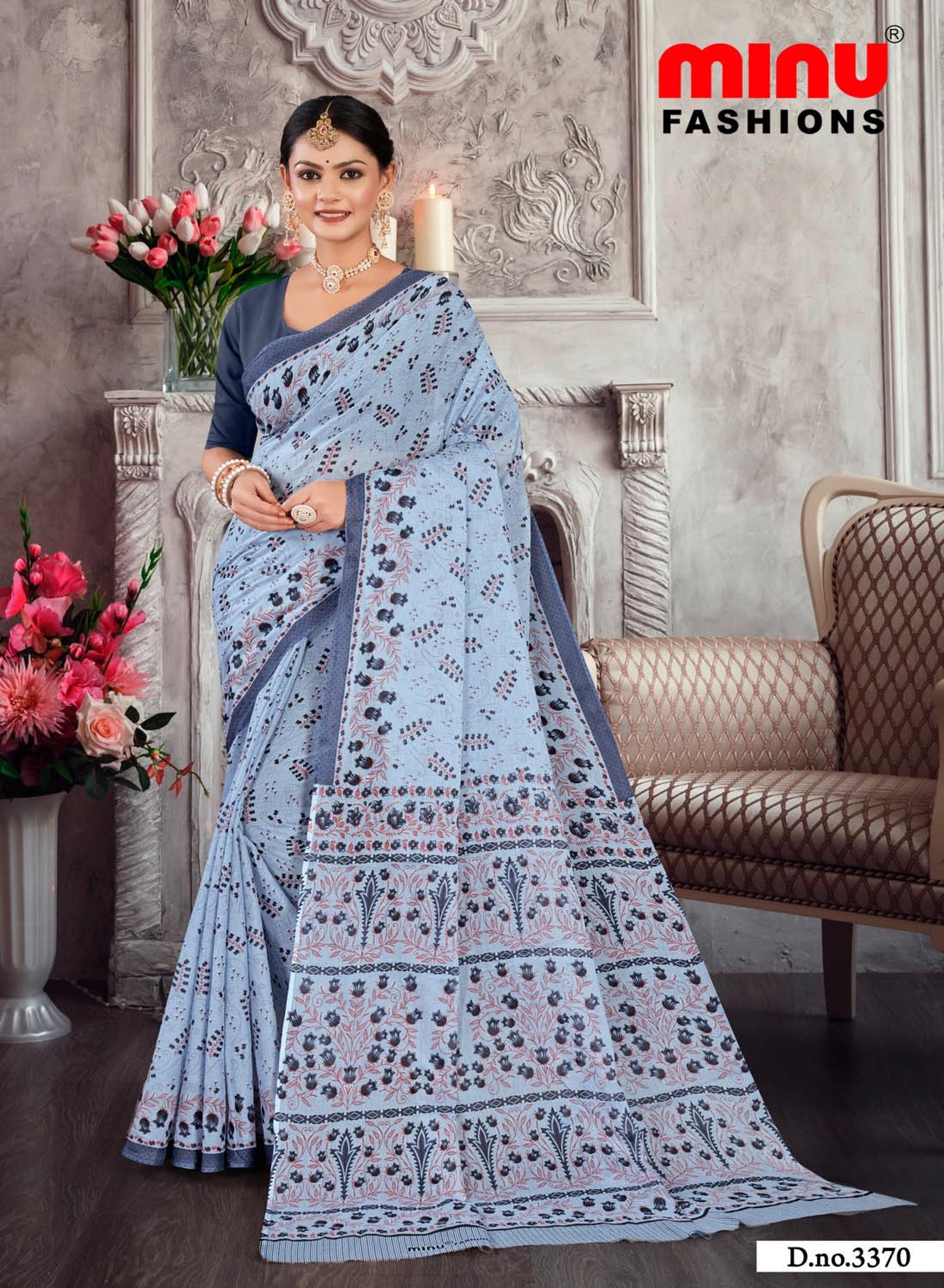 Premium Cotton Printed Rio Saree in Steel Grey