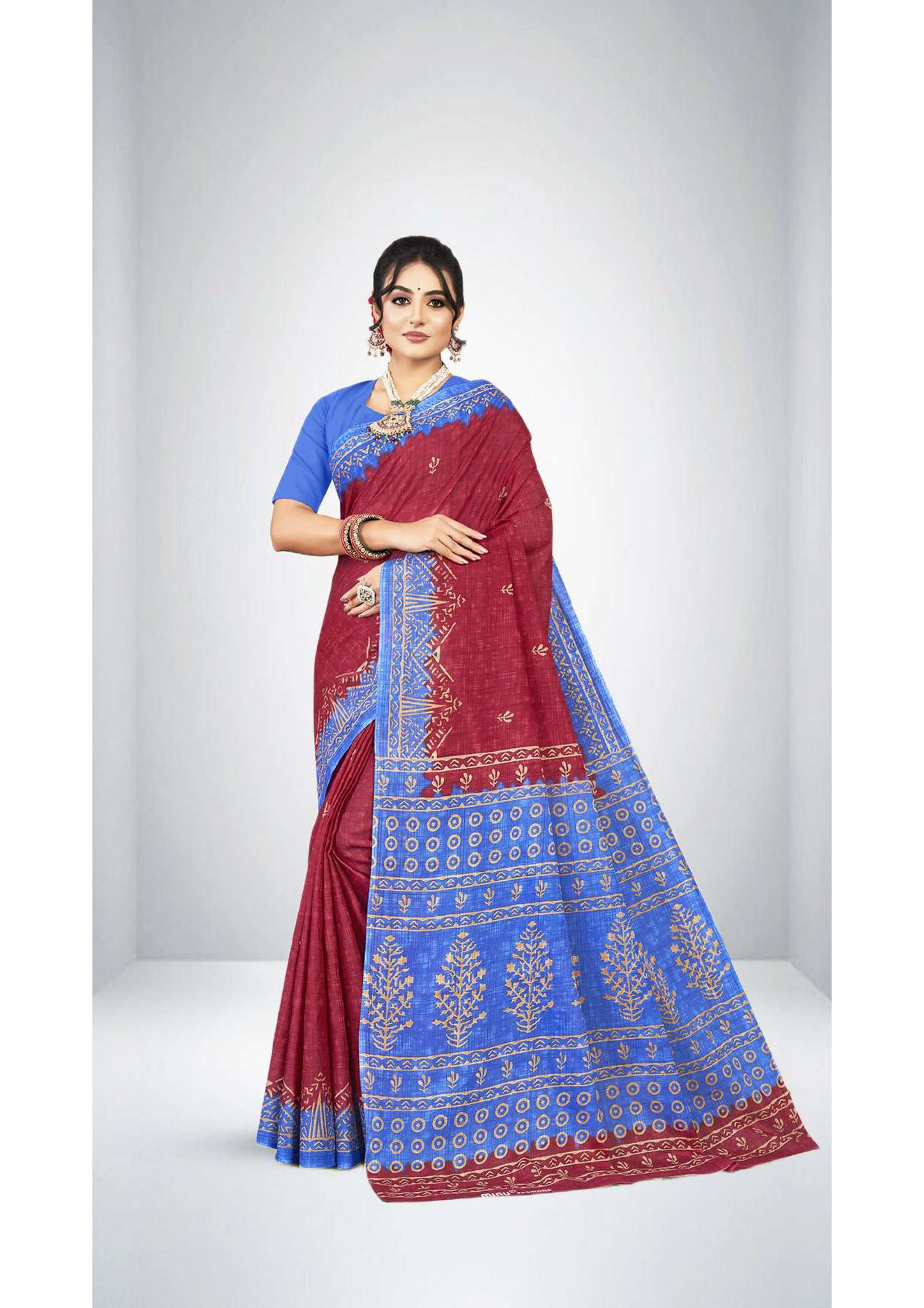 Premium Cotton Printed Saree in Maroon