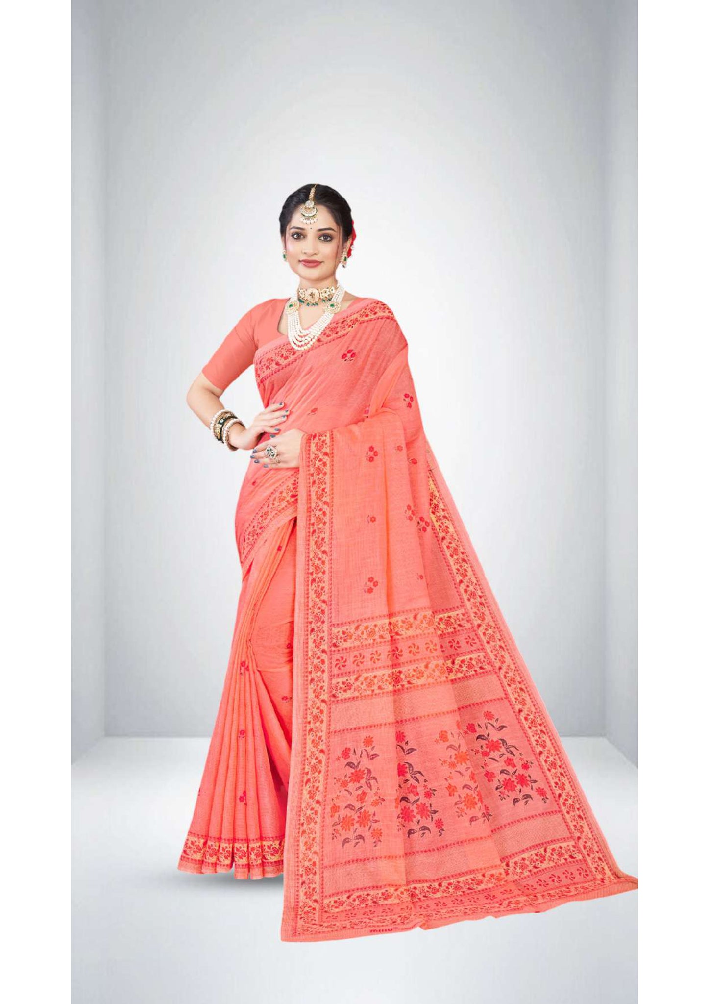 Premium Cotton Rittika Saree in Light Red