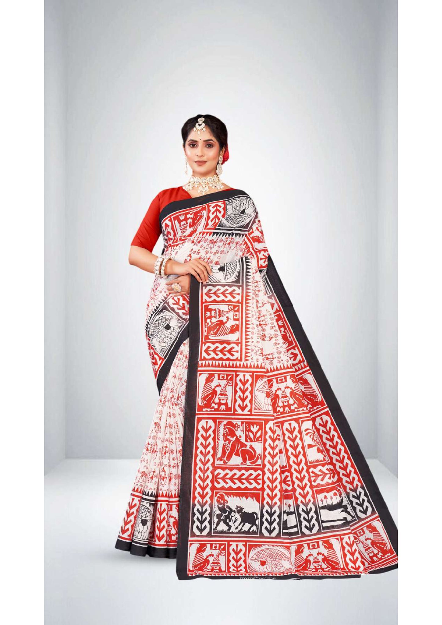 Premium Cotton Srimoyee Saree in Red 3
