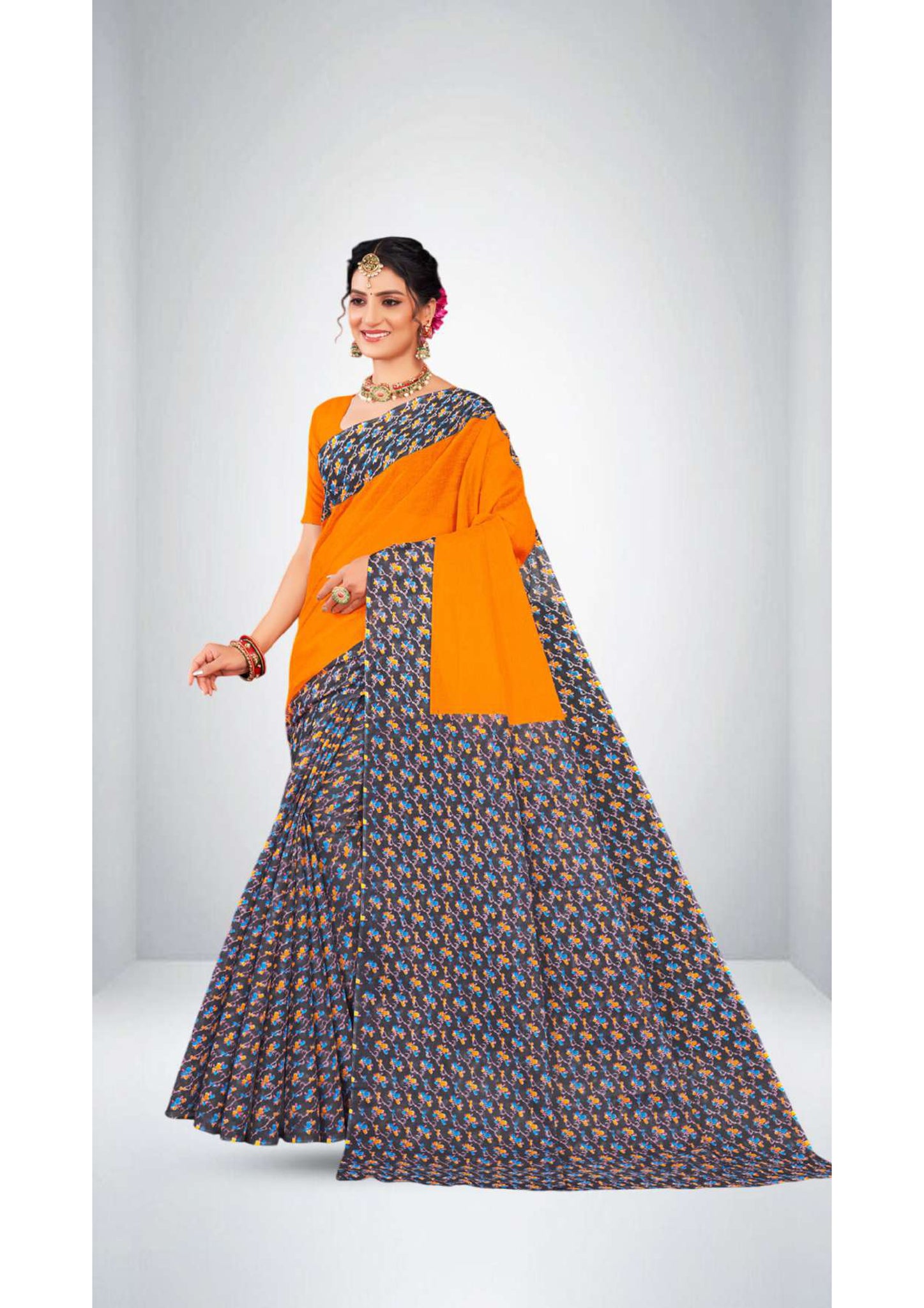 Premium Cotton Urvashi Saree in Bright Orange
