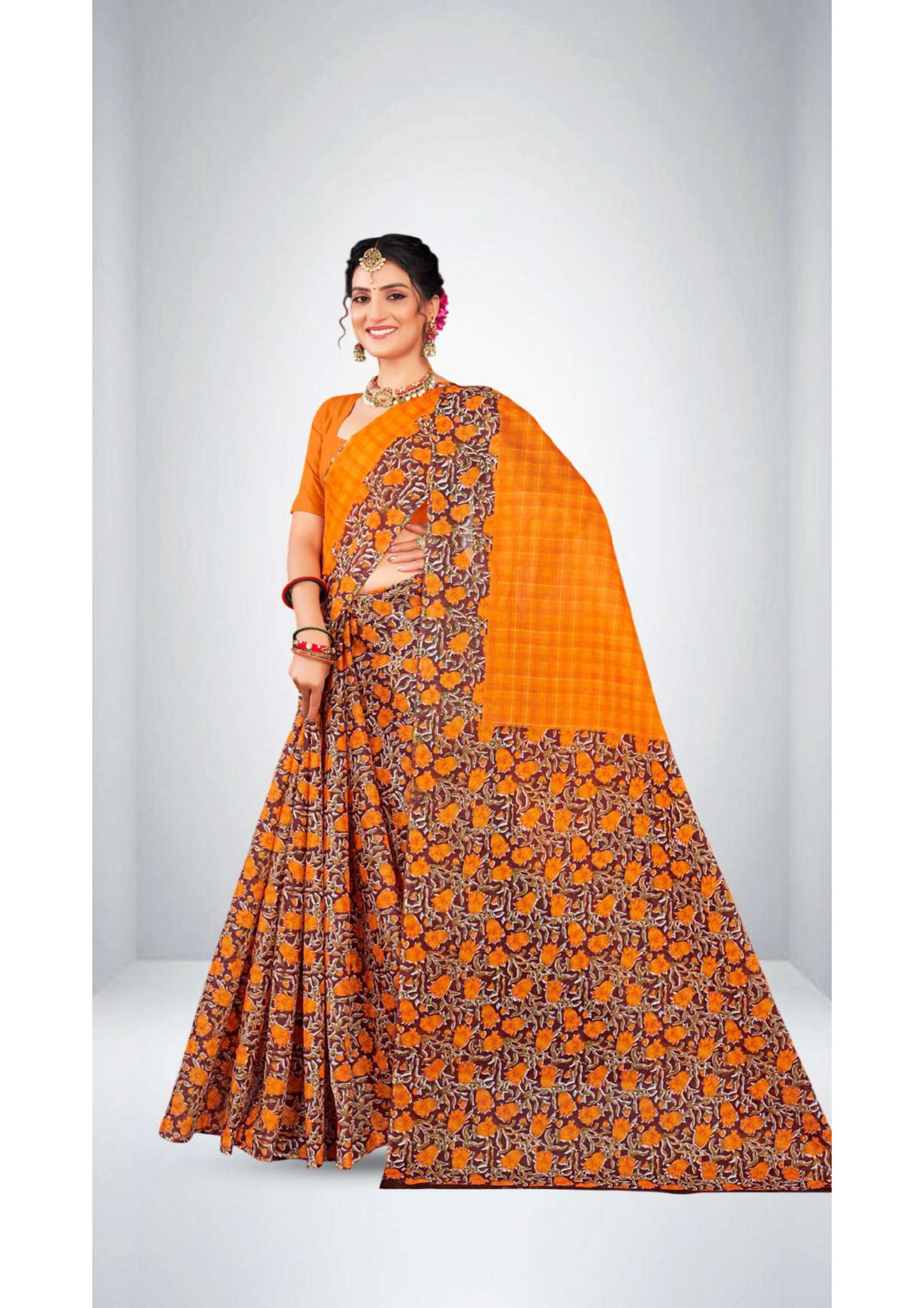 Premium Cotton Urvashi Saree in Orange