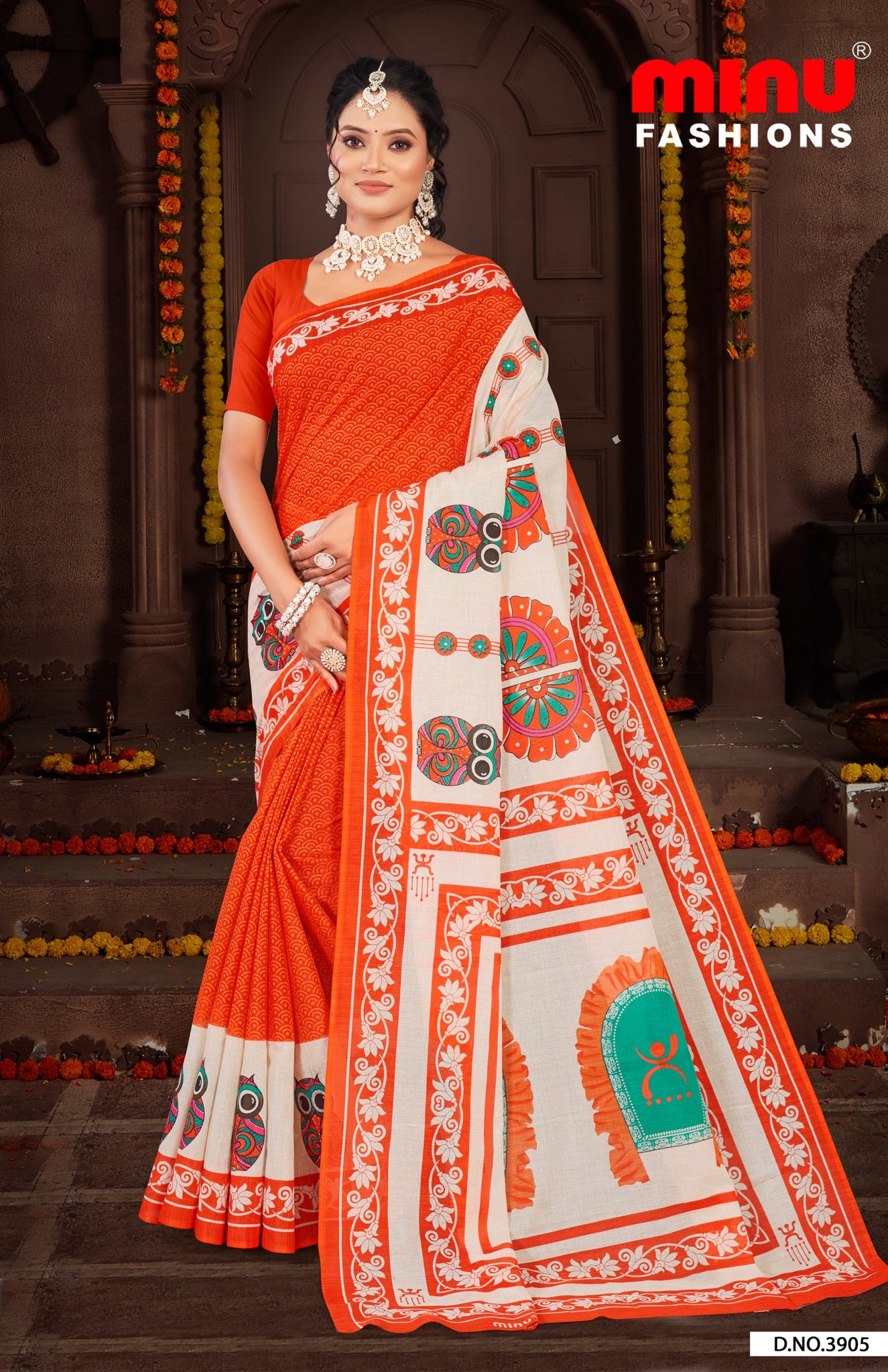 Premium Malai Cotton Brght Orange 1 Baishakhi 3 Saree