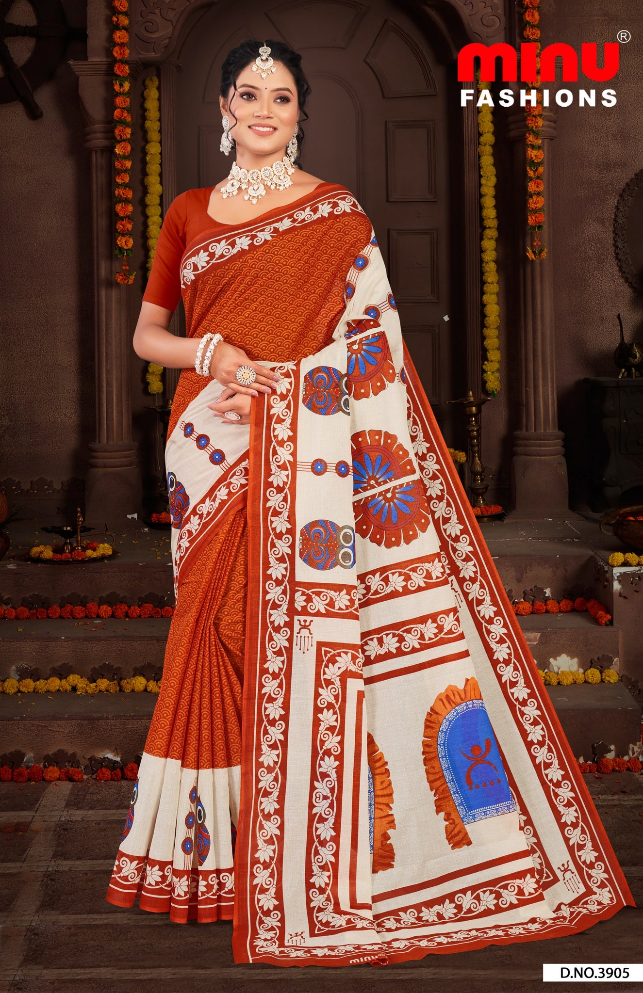 Premium Malai Cotton Deep Orange Baishakhi 3 Saree