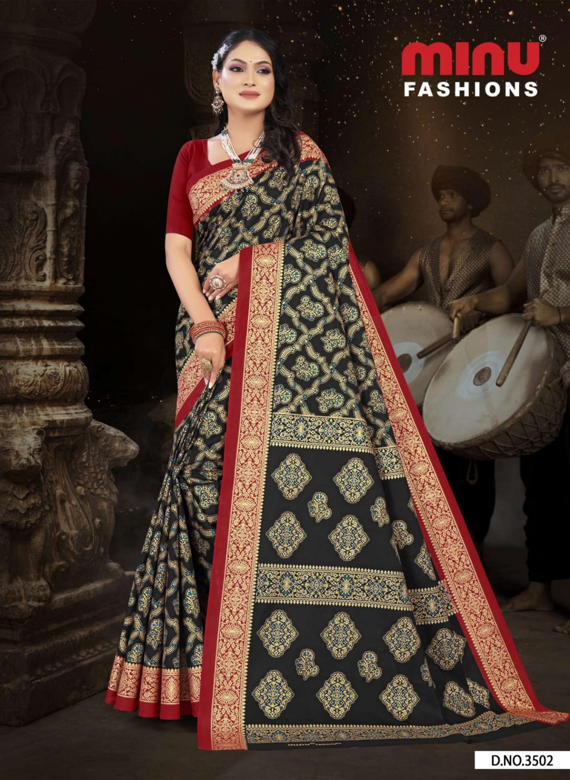 Premium Malai Cotton Gold Printed Black Tanushka Saree