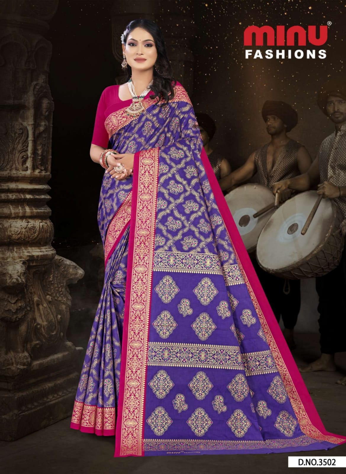 Premium Malai Cotton Gold Printed Blue Tanushka Saree