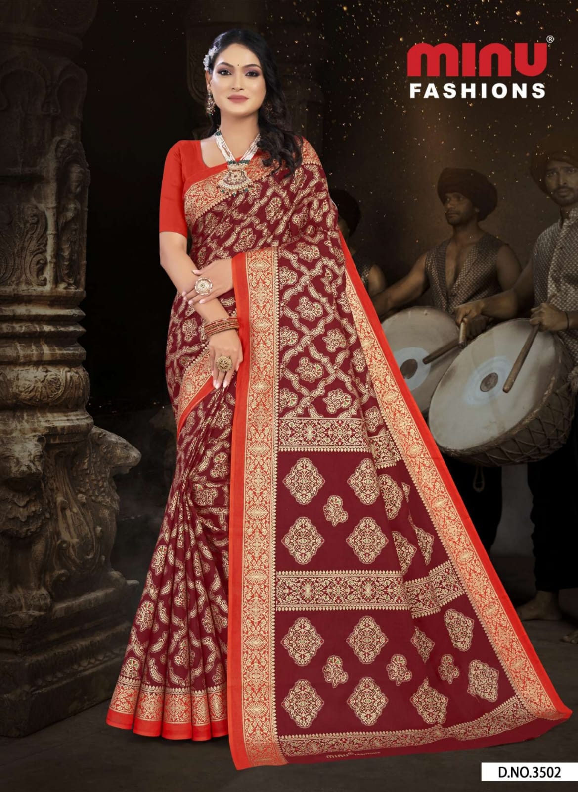 Premium Malai Cotton Gold Printed Deep Maroon Tanushka Saree