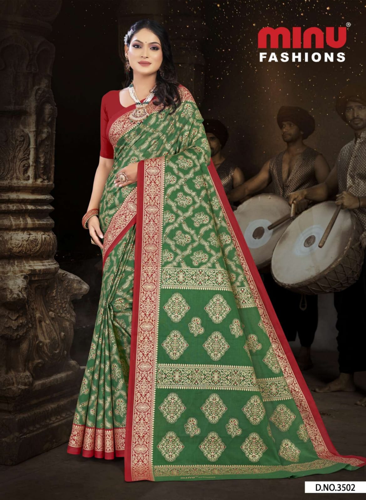 Premium Malai Cotton Gold Printed Green Tanushka Saree