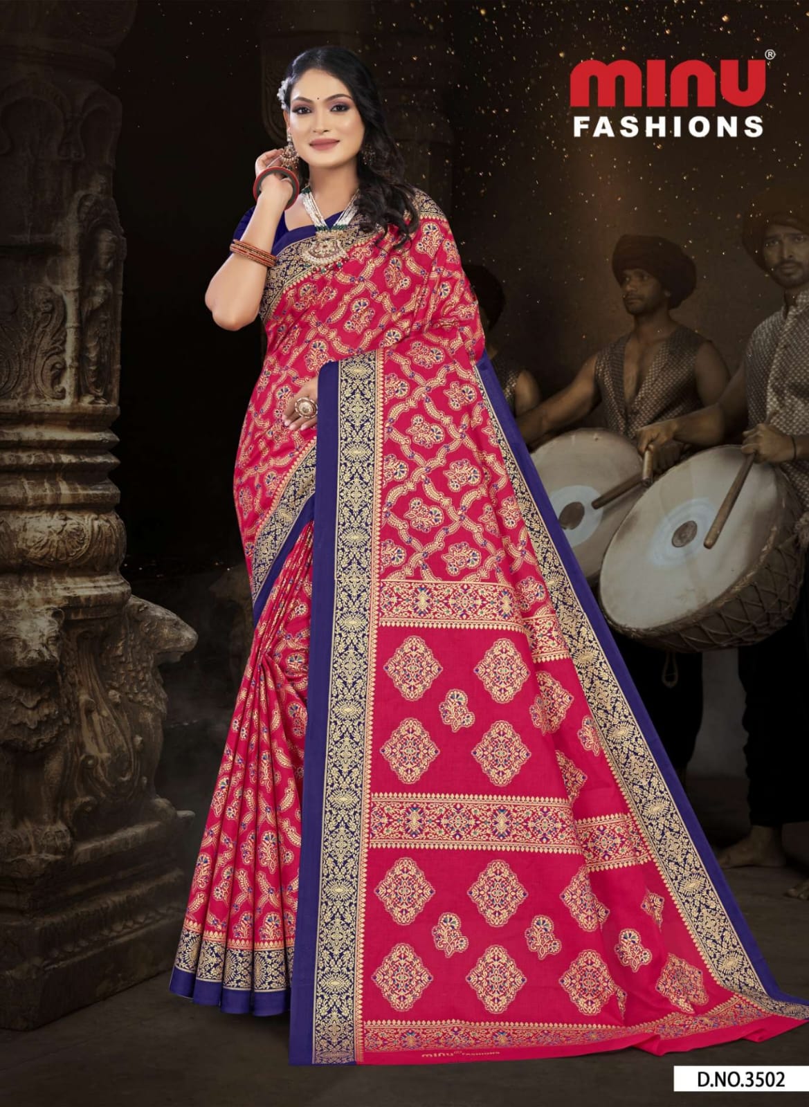 Premium Malai Cotton Gold Printed Pink Tanushka Saree