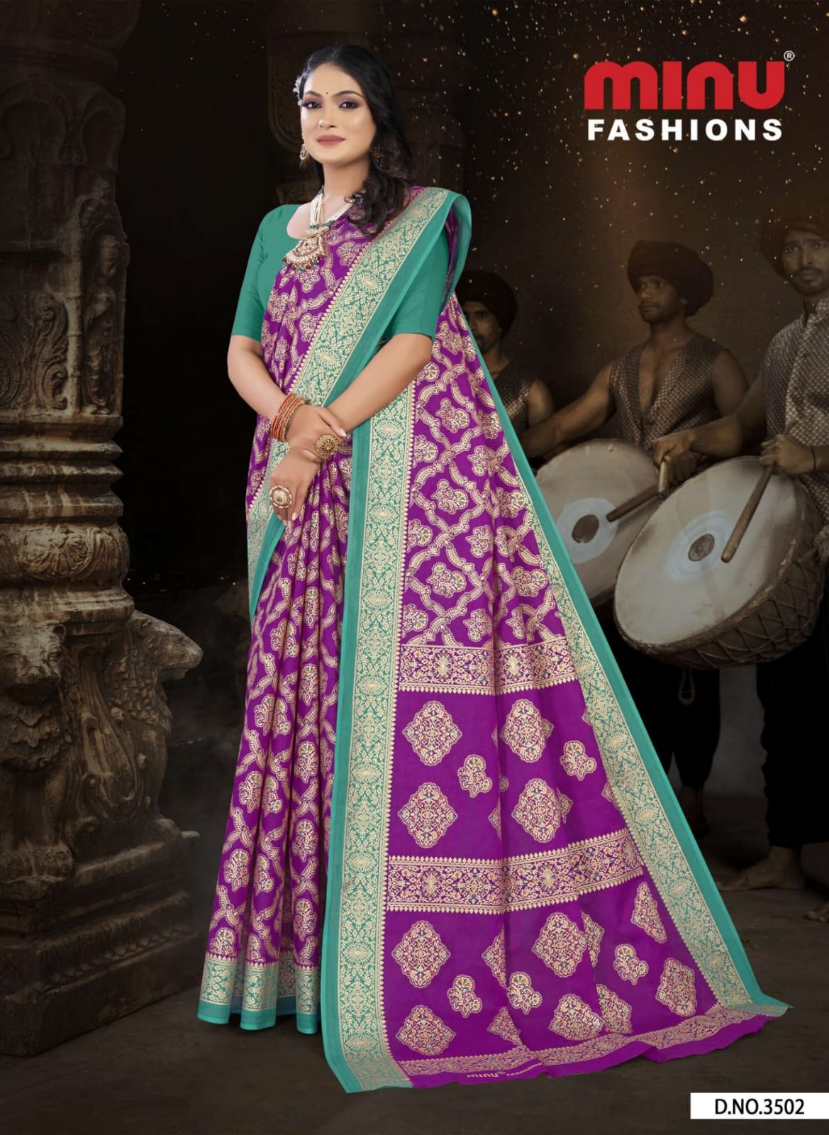 Premium Malai Cotton Gold Printed Purple Tanushka Saree