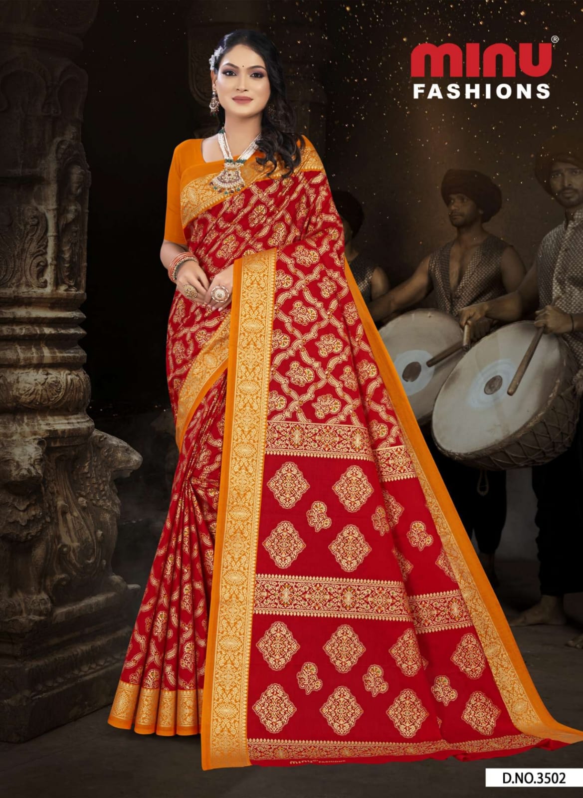 Premium Malai Cotton Gold Printed Red Tanushka Saree